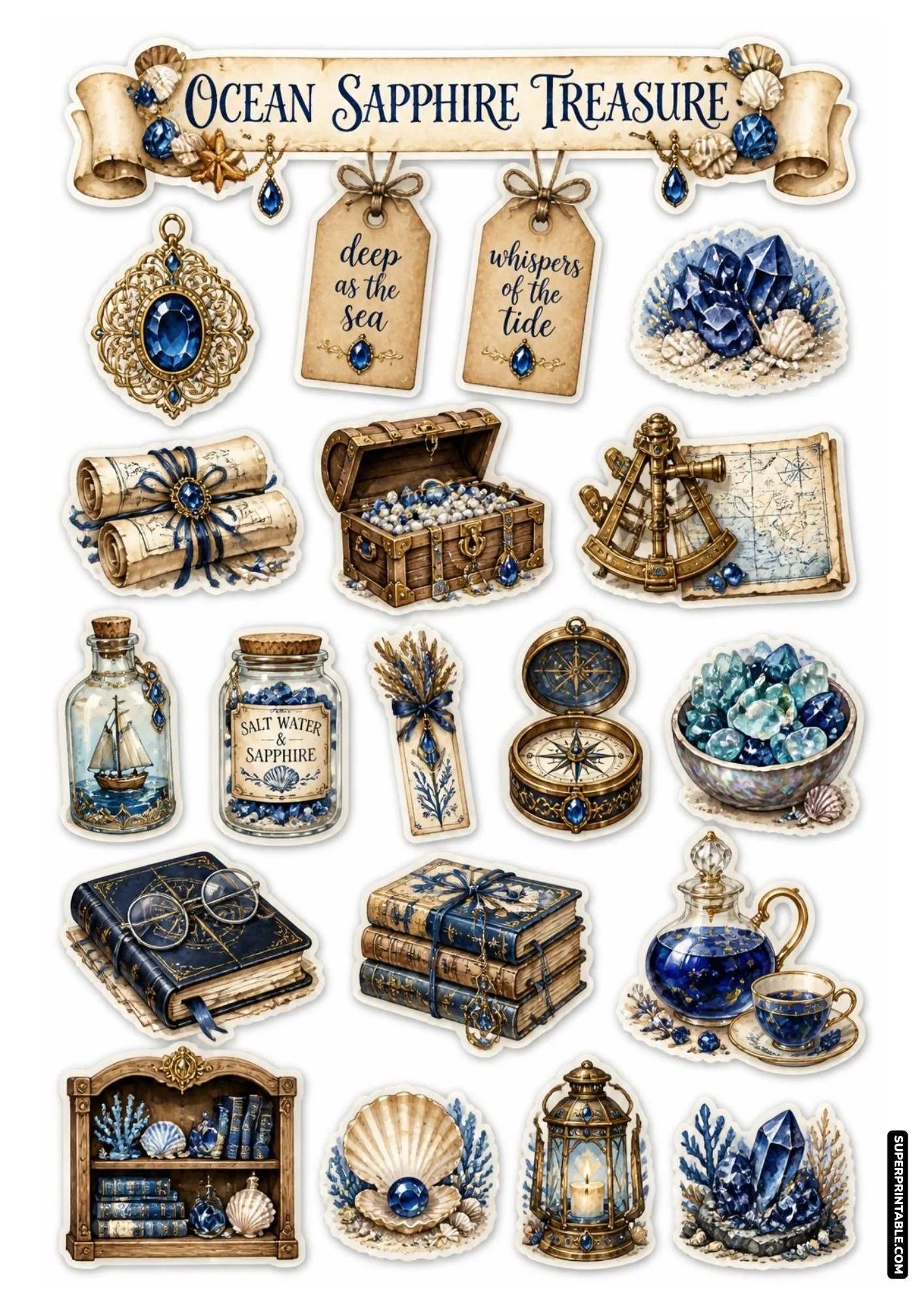 Deep blue sapphire gems, ocean treasure chest, compass, and sea shells on printable sticker sheet.