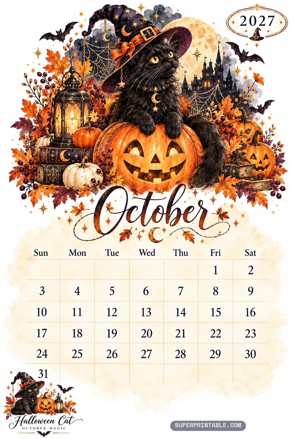Black cat wearing a celestial witch hat perched on a carved smiling jack-o'-lantern for Halloween