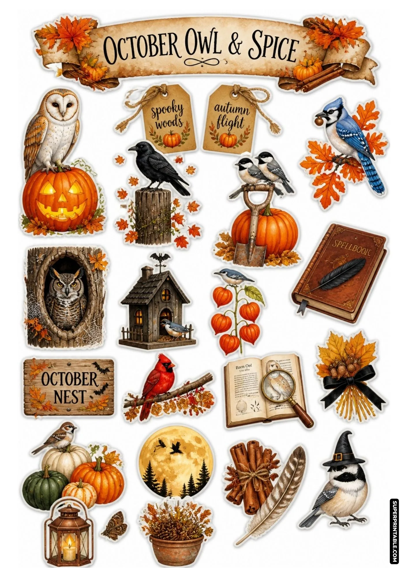October autumn owl sticker sheet with jack-o-lanterns, spellbooks, and cinnamon sticks.