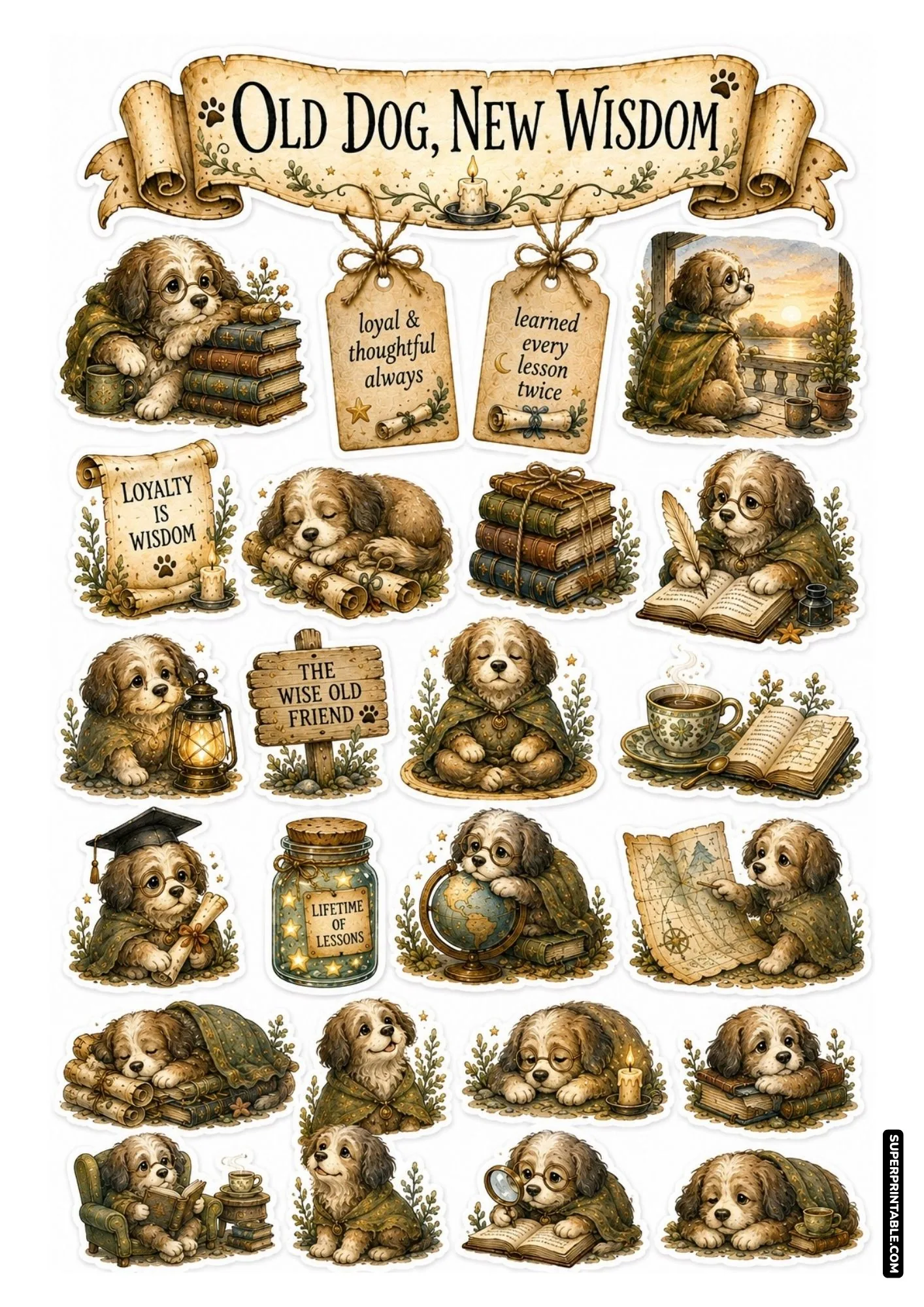 Loyal old dog sticker sheet with cozy cloaks, round eyeglasses, book stacks, and vintage parchment quote tags.