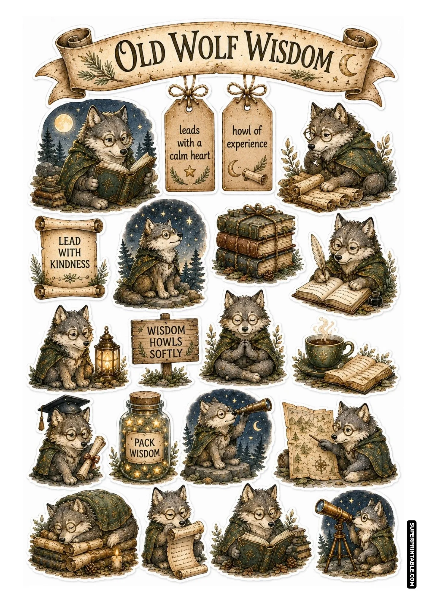 Wise old wolf printable sticker sheet featuring grey wolves with spectacles, starry skies, telescopes, and maps.
