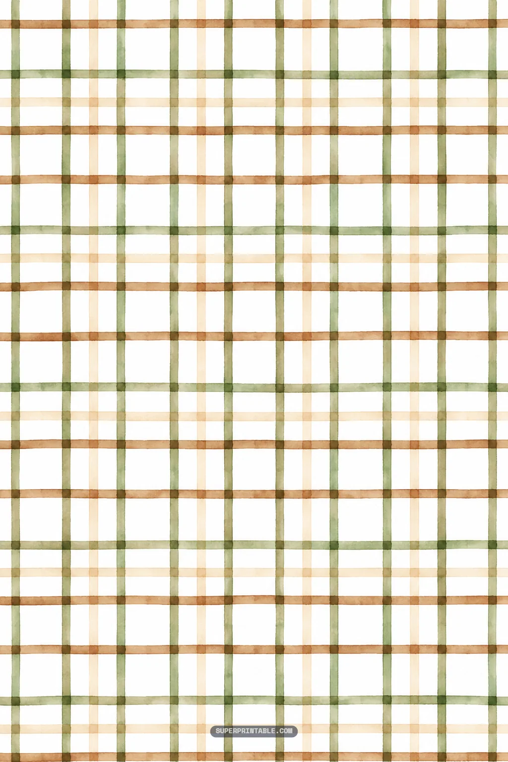 Airy windowpane plaid pattern hand-painted in olive green and caramel brown lines.