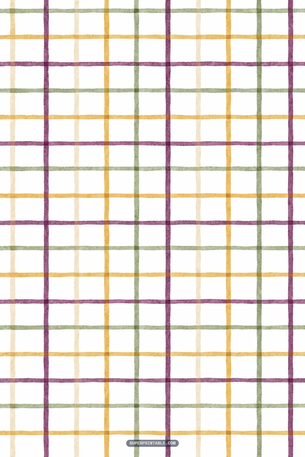 Airy watercolor windowpane grid check with crossing lines in plum, amber gold, and sage green on white