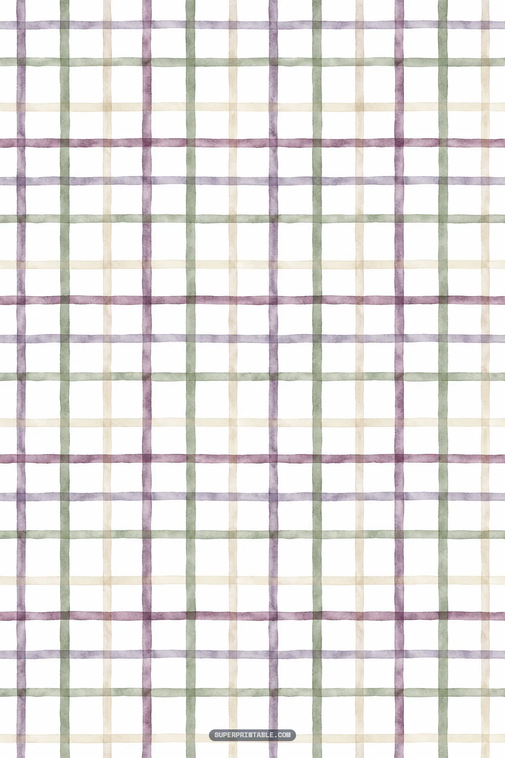 Open windowpane plaid pattern with watercolor intersecting lines of plum, sage, and beige.