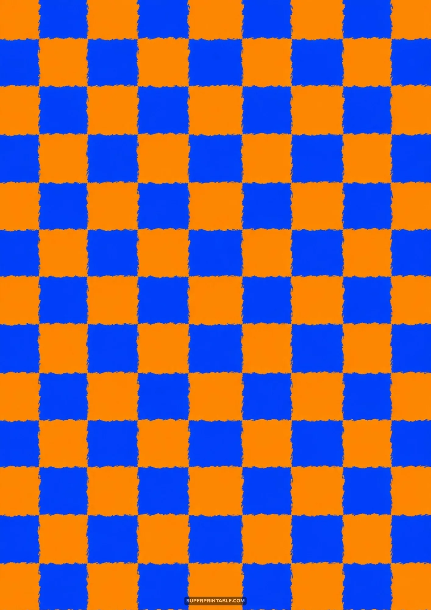 Bold checkerboard tile pattern with tangerine orange and cobalt blue squares