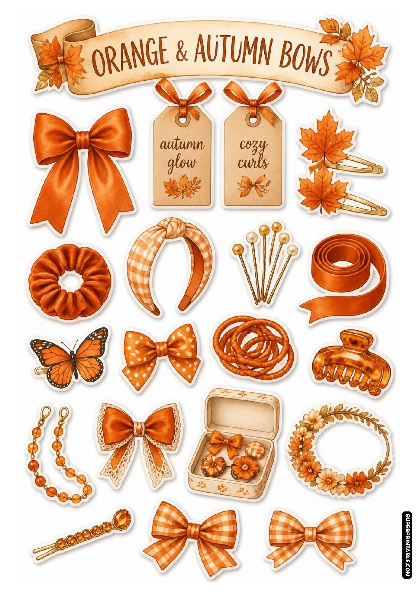 Orange autumn hair bows stickers featuring maple leaf clips, monarch butterfly, and fall leaf crown.