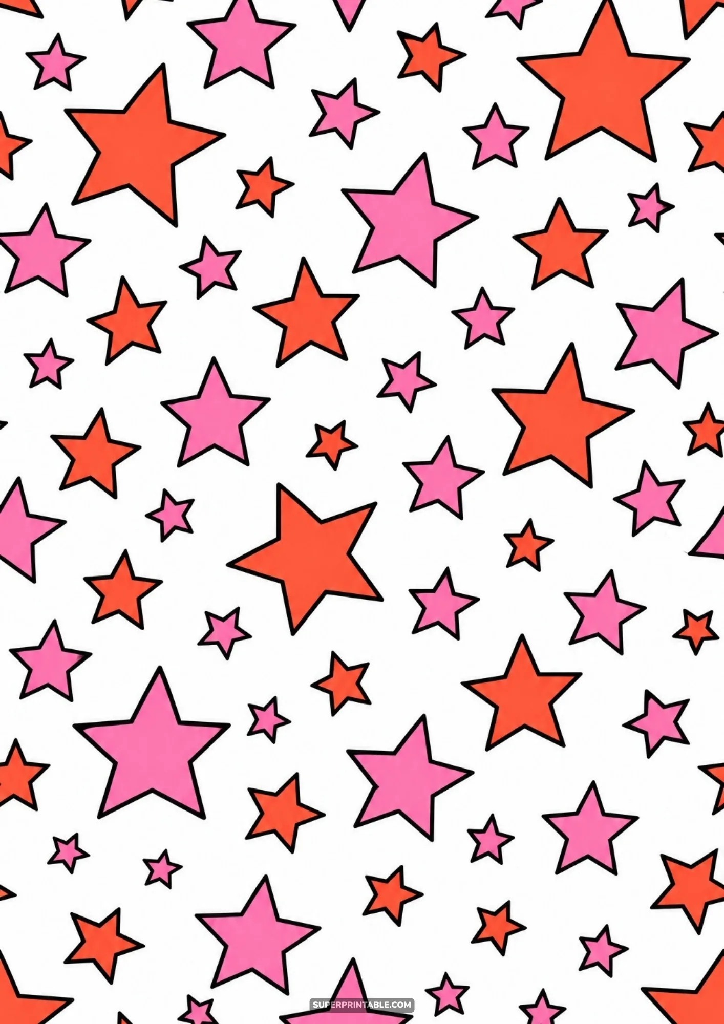 Densely scattered orange and pink five-point stars with neat black outlines across a clean white surface.