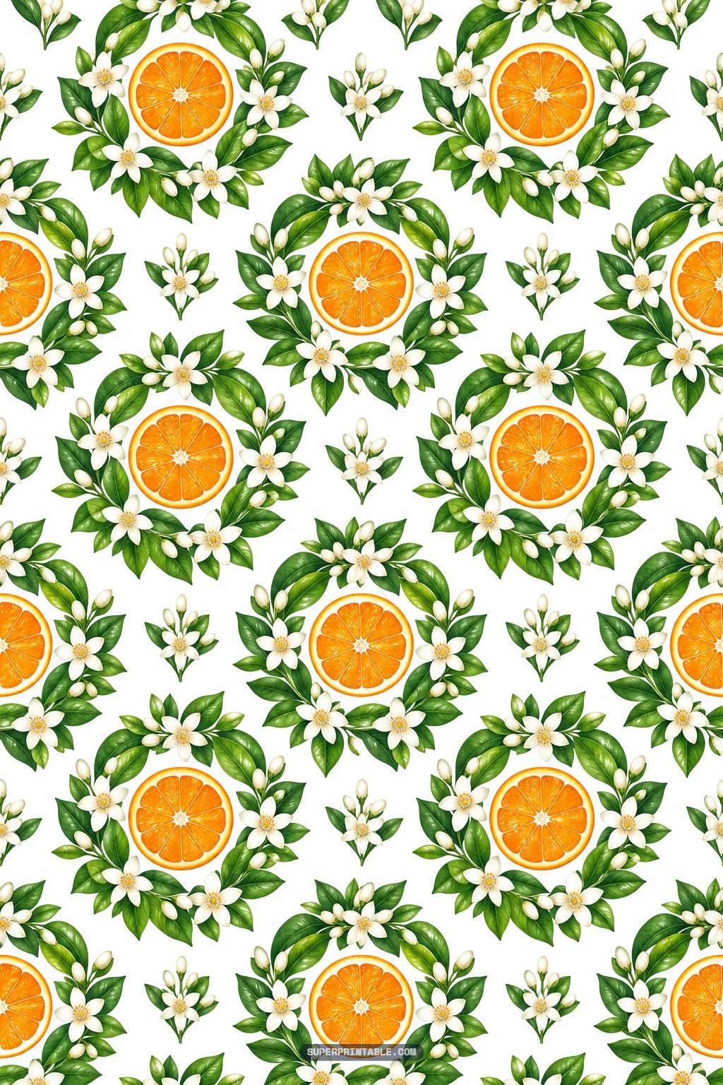 Orange grove digital paper featuring repeating citrus wreaths with white orange blossoms and glossy leaves