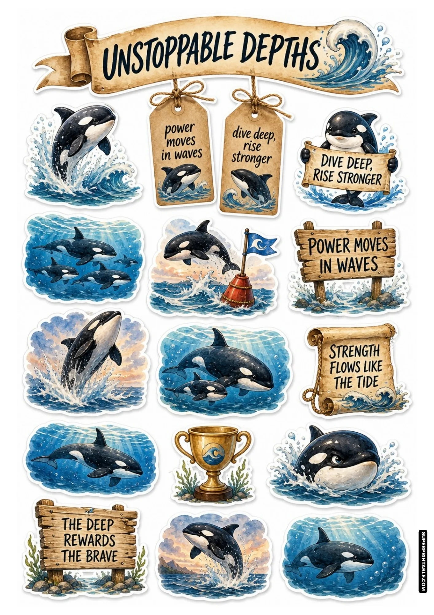 Killer whale and orca ocean sticker sheet with rolling blue waves and motivational nautical banners