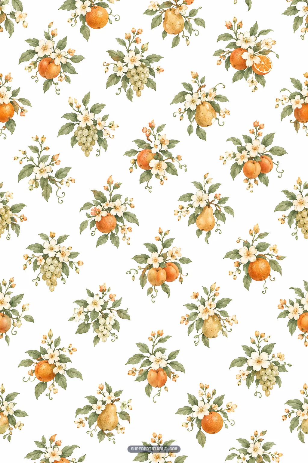 Elegant watercolor fruit digital paper pattern with botanical clusters of pears oranges and floral buds