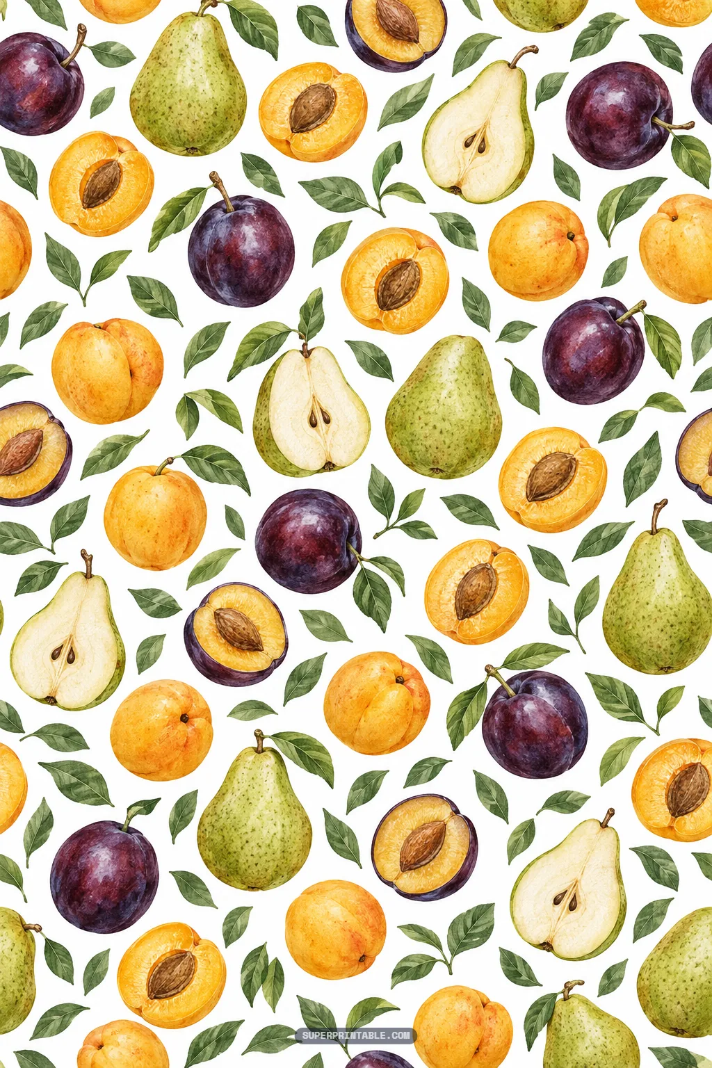 Watercolor orchard harvest design with sliced pears, golden apricots, and ripe purple plums on a white background