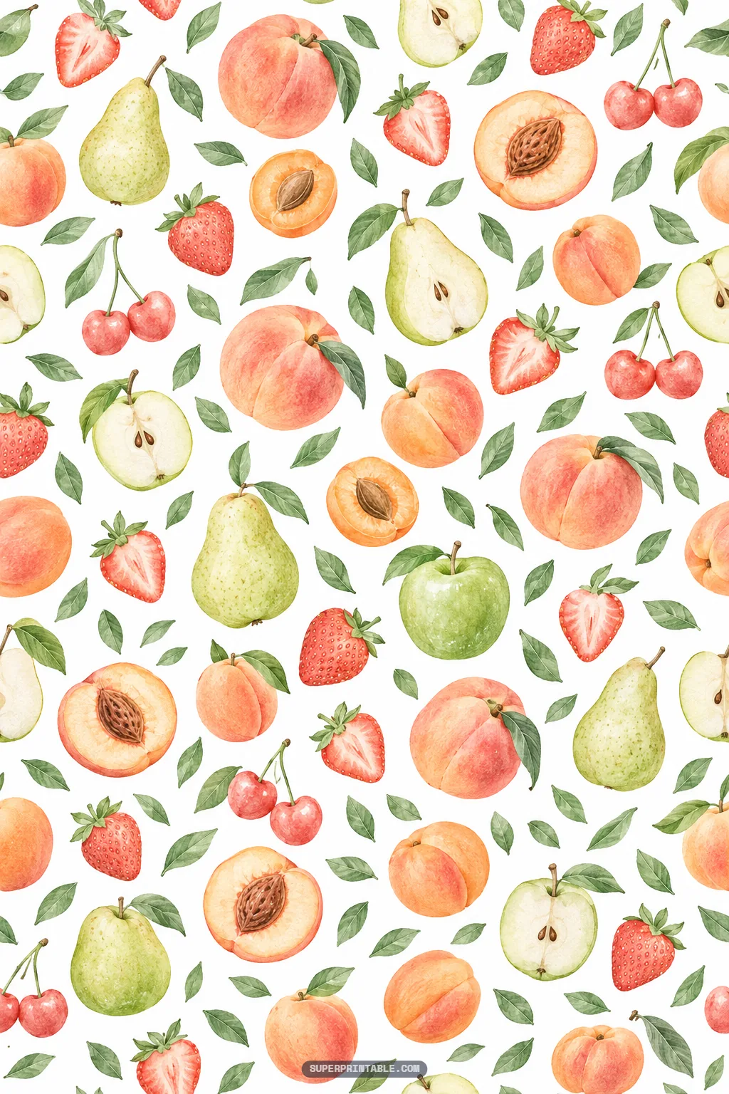 Watercolor harvest pattern of whole and sliced peaches, pears, halved apples, and summer berries