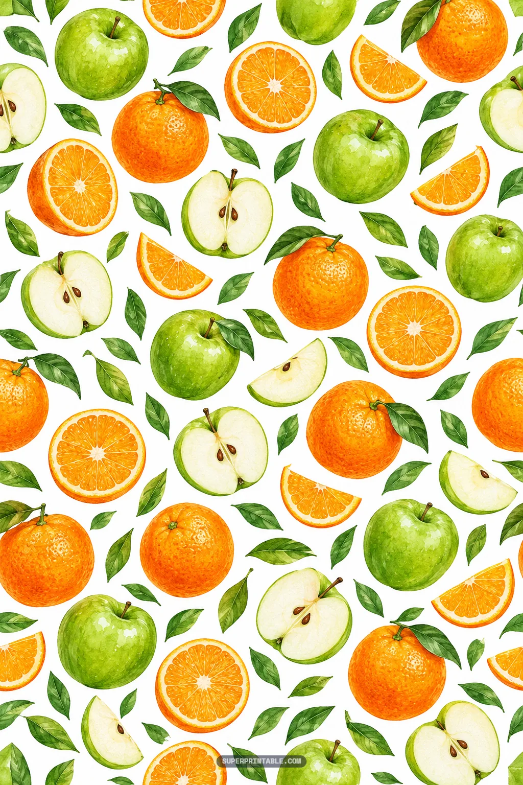 Watercolor orchard harvest pattern featuring crisp green apples, sliced juicy oranges, wedges, and green foliage