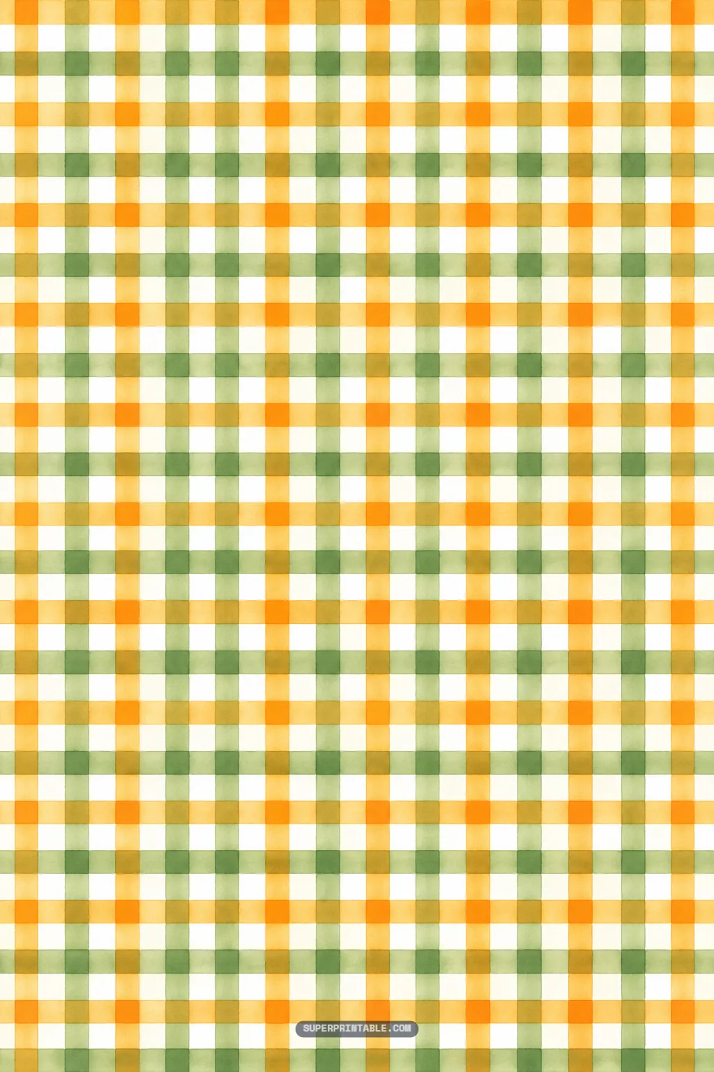 Warm watercolor gingham check pattern in sunny golden yellow, tropical fruit orange, and orchard green.
