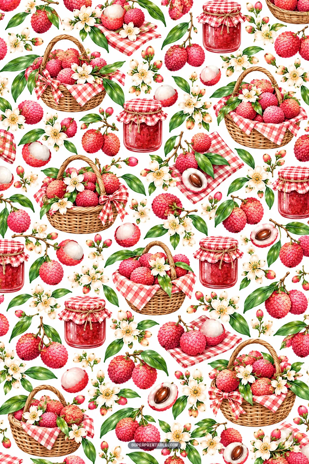 Woven picnic baskets brimming with red lychees alongside gingham-topped fruit preserve jars.