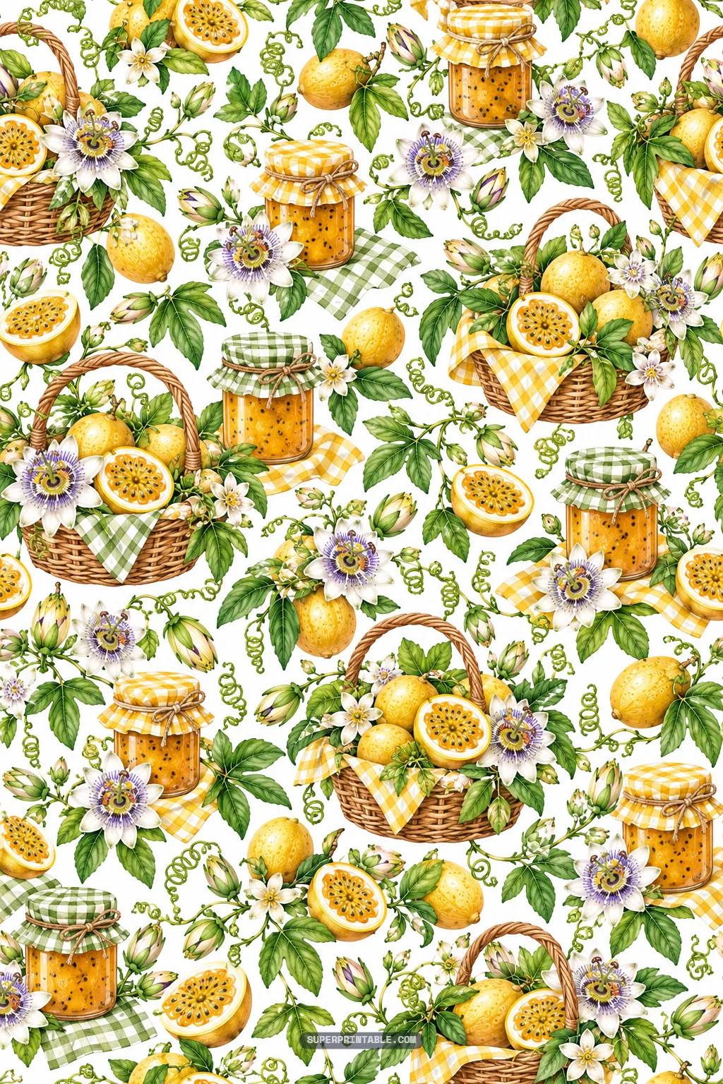 Rustic orchard harvest pattern with woven picnic baskets filled with passionfruits and jars of homemade jam.