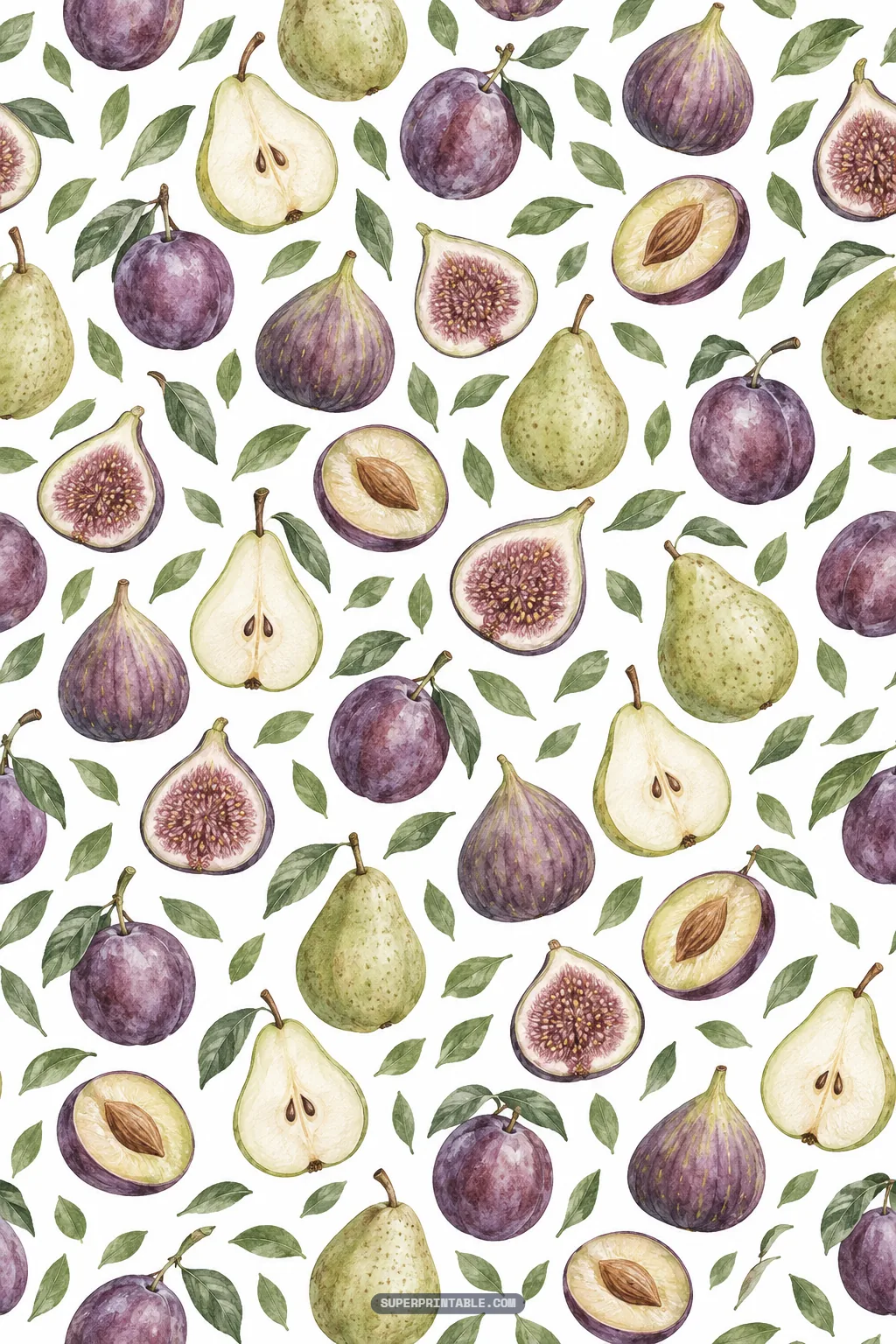 Arrangement of whole and sliced figs, green pears, and purple plums with scattered leaves.