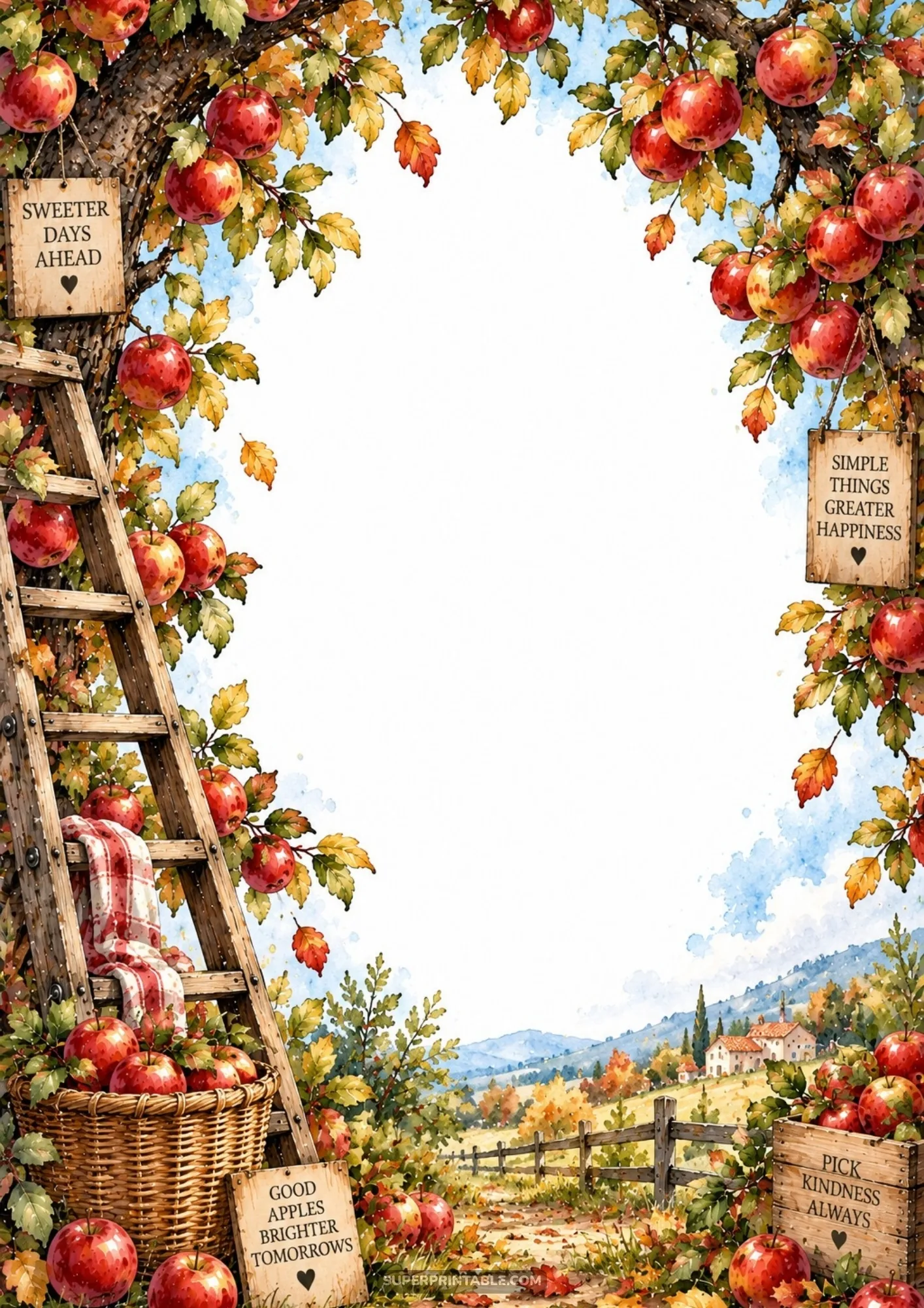 Rustic wooden orchard ladder and woven basket filled with freshly picked red apples under tree branches