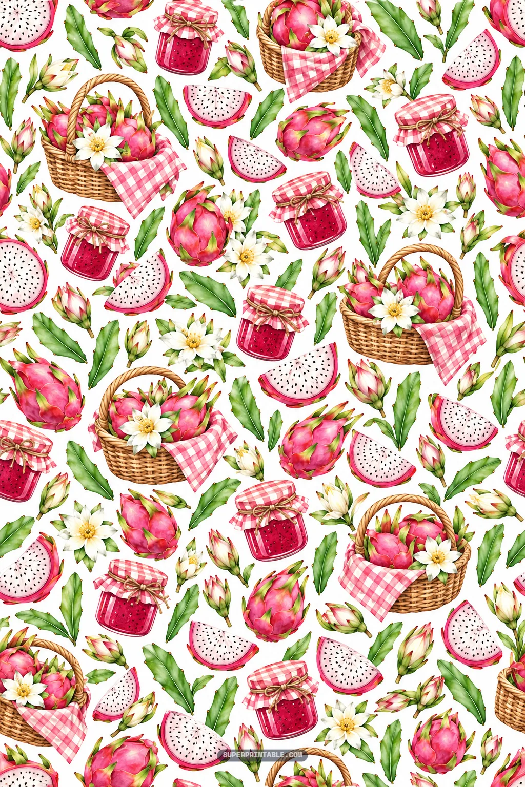 Woven picnic baskets of dragon fruit, gingham-topped jam jars, and cut fruit wedges on white.