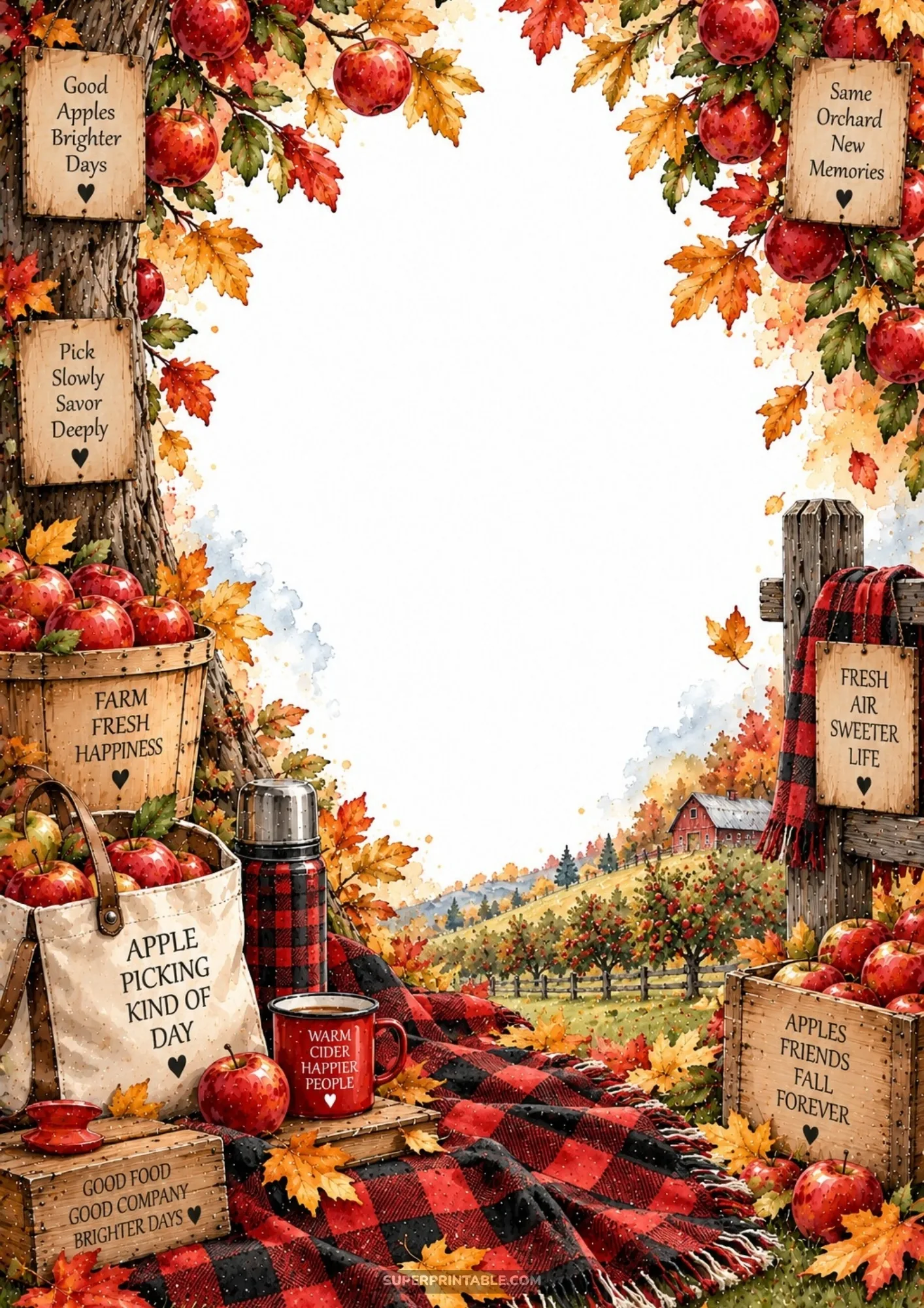 Cozy orchard picnic scene with red buffalo plaid blanket, canvas tote of apples, and warm cider enamel mug