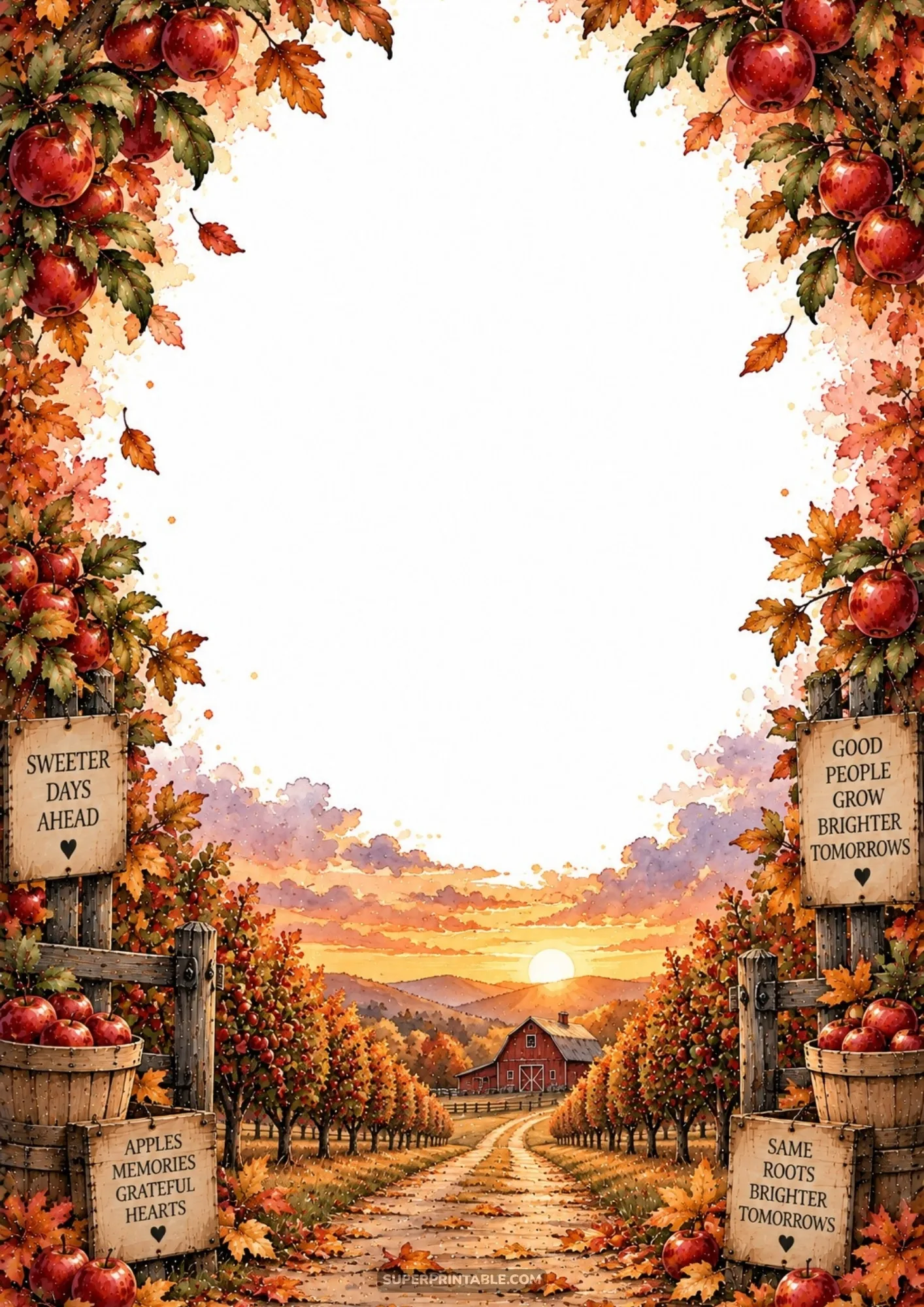 Golden sunset vista along an orchard path framed by autumn apple border pages and baskets of ripe fruit