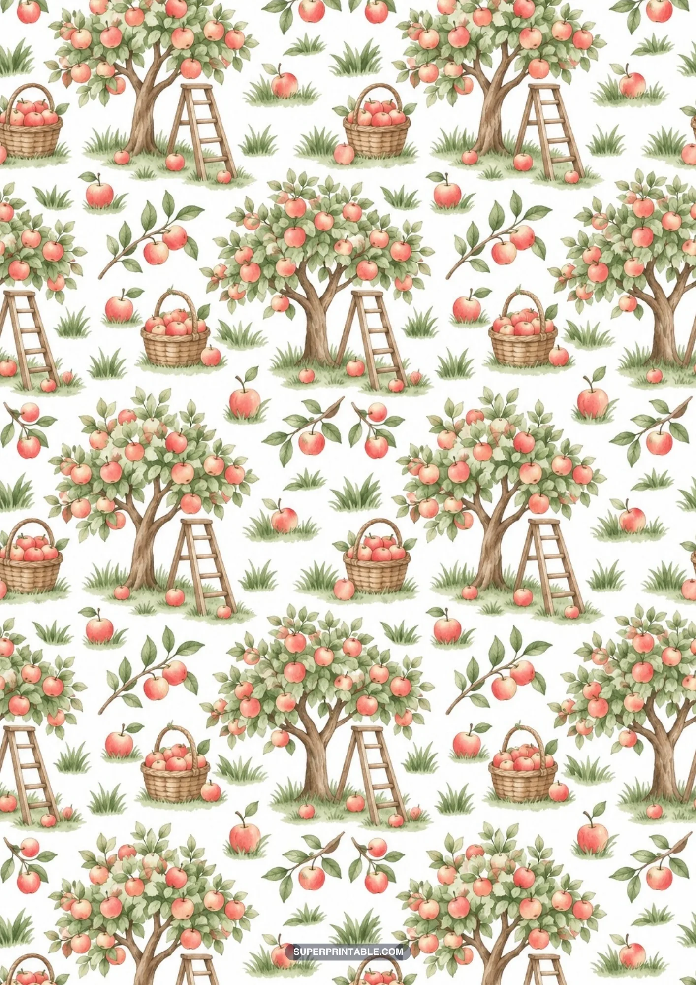 Scenic orchard scene with mature apple trees, wooden ladders, and harvest baskets