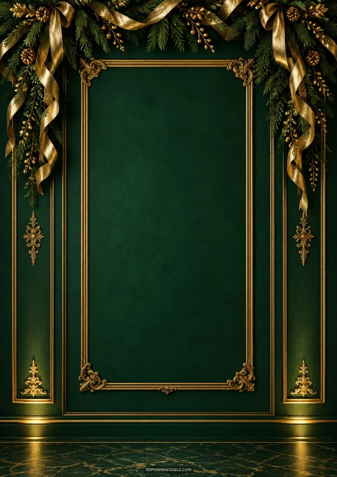 Deep emerald wall with ornate gold molding, satin ribbons, and marble floor