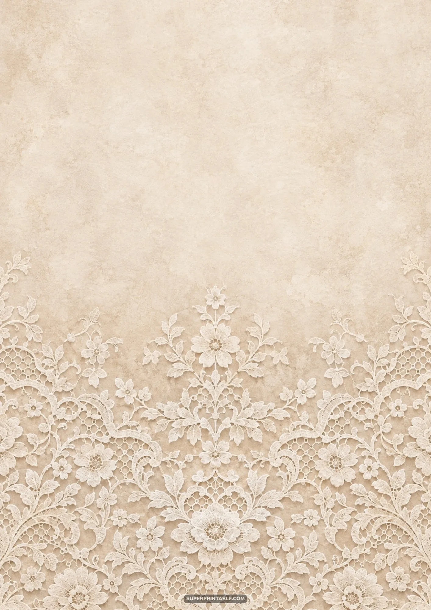 Intricate botanical lace embroidery trim bordering the lower edge of vintage tea-stained paper