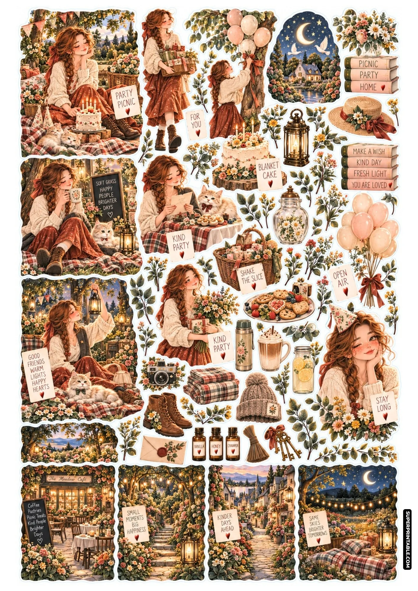 Pastel picnic sticker sheet featuring outdoor birthday treats, balloon bouquets, woven baskets, and sleeping cat.