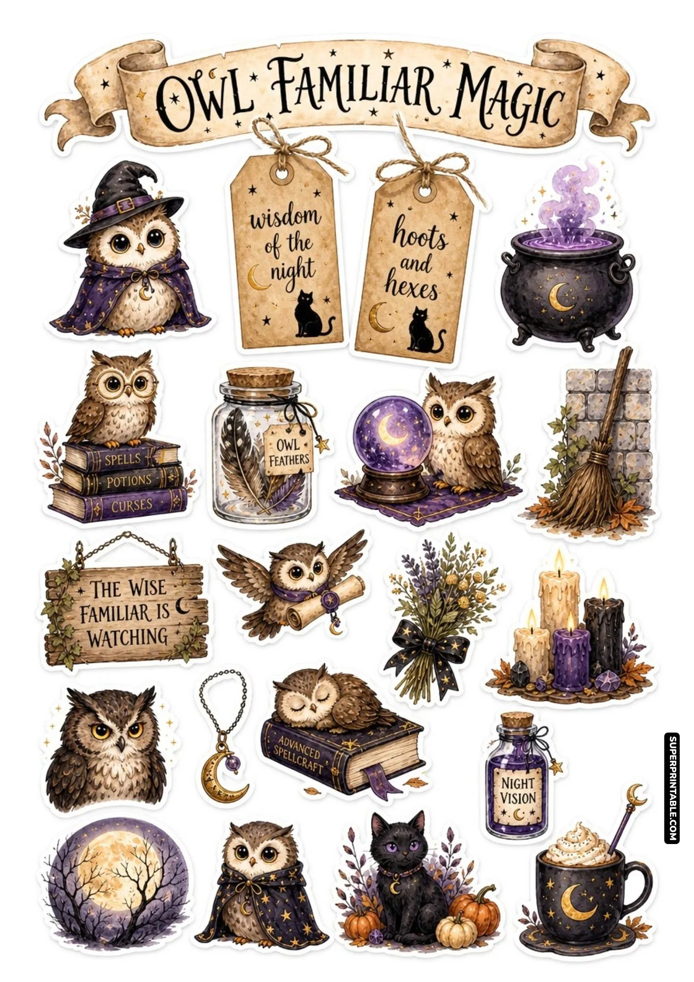 Detailed owl familiar sticker collection with magical books, potion bottles, and autumn leaves.