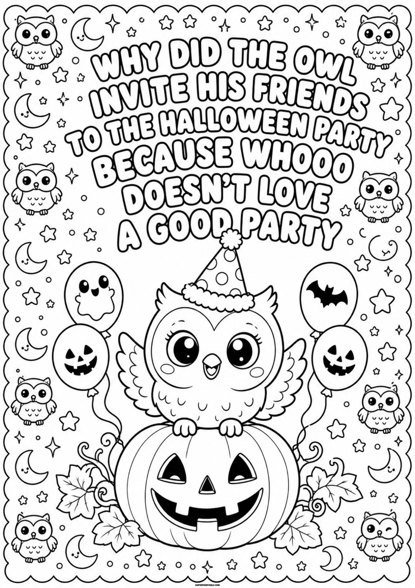 Cute party owl wearing a hat sitting atop a smiling carved pumpkin.