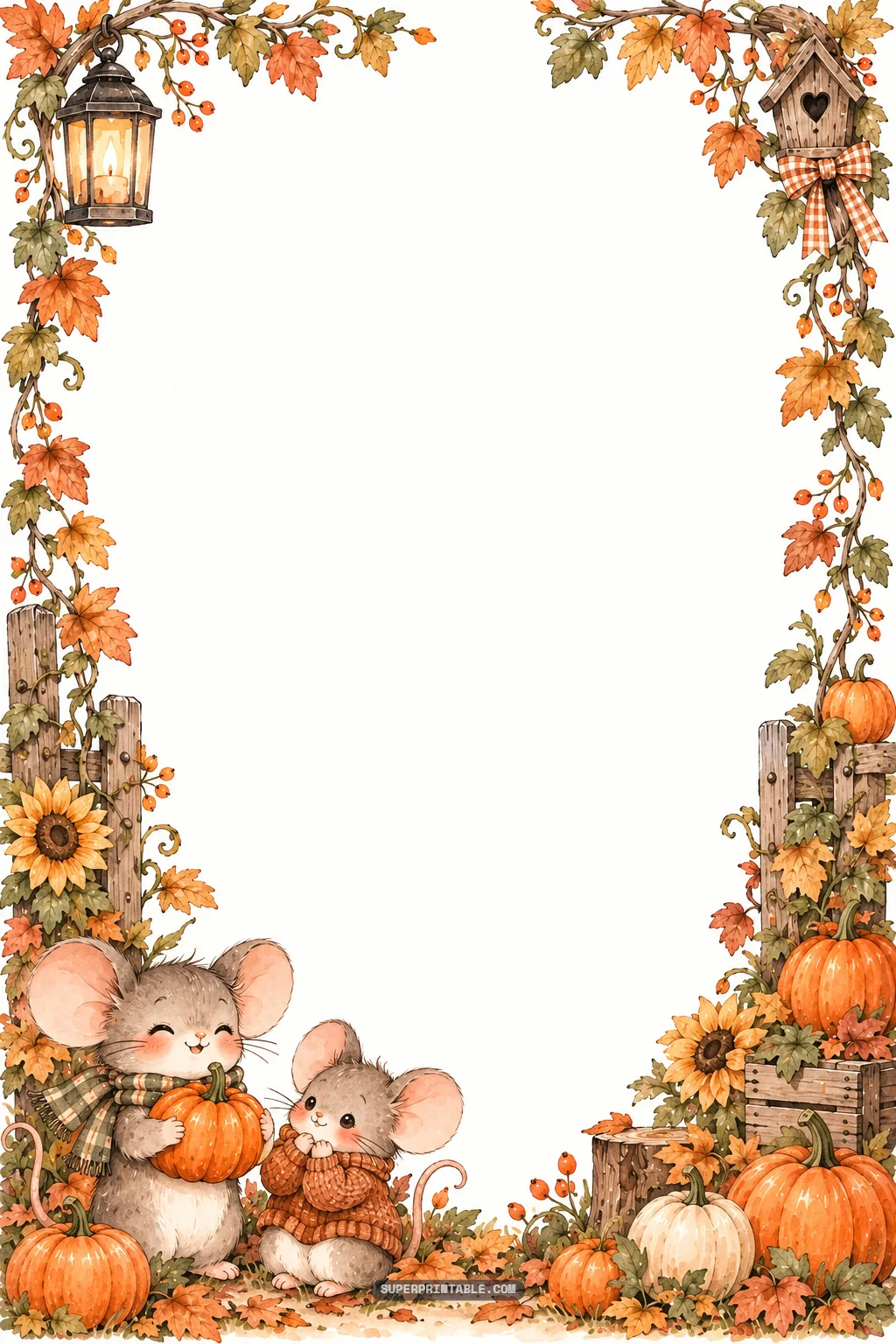 Watercolor stationery frame with two adorable mice in warm sweaters gathering harvest pumpkins.