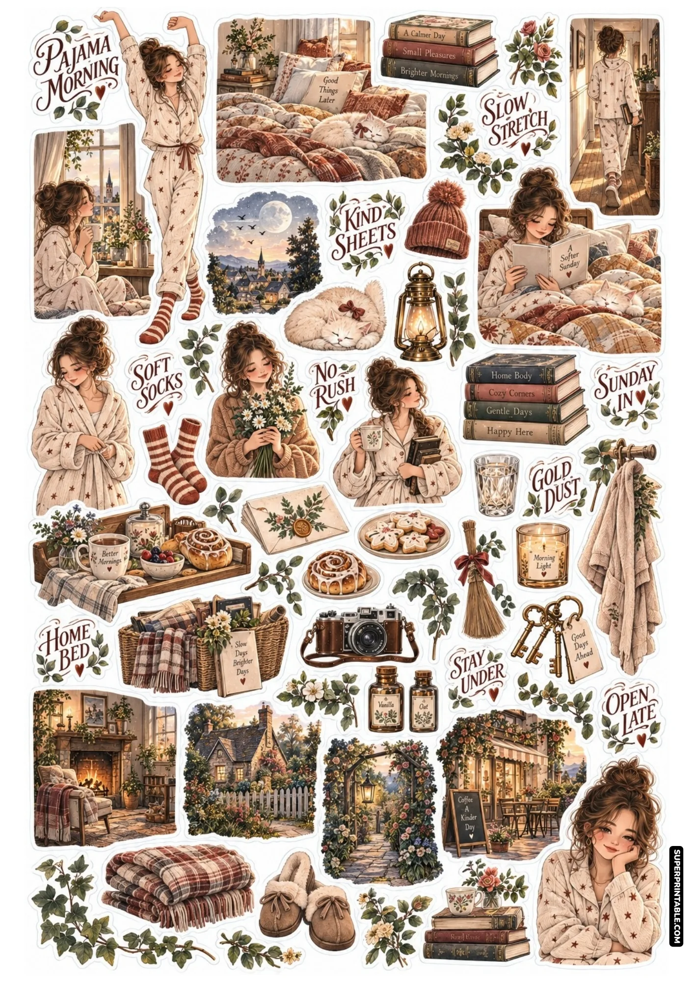 Woman stretching in star pajamas with sleeping cat and breakfast tray for cozy weekend journal pages