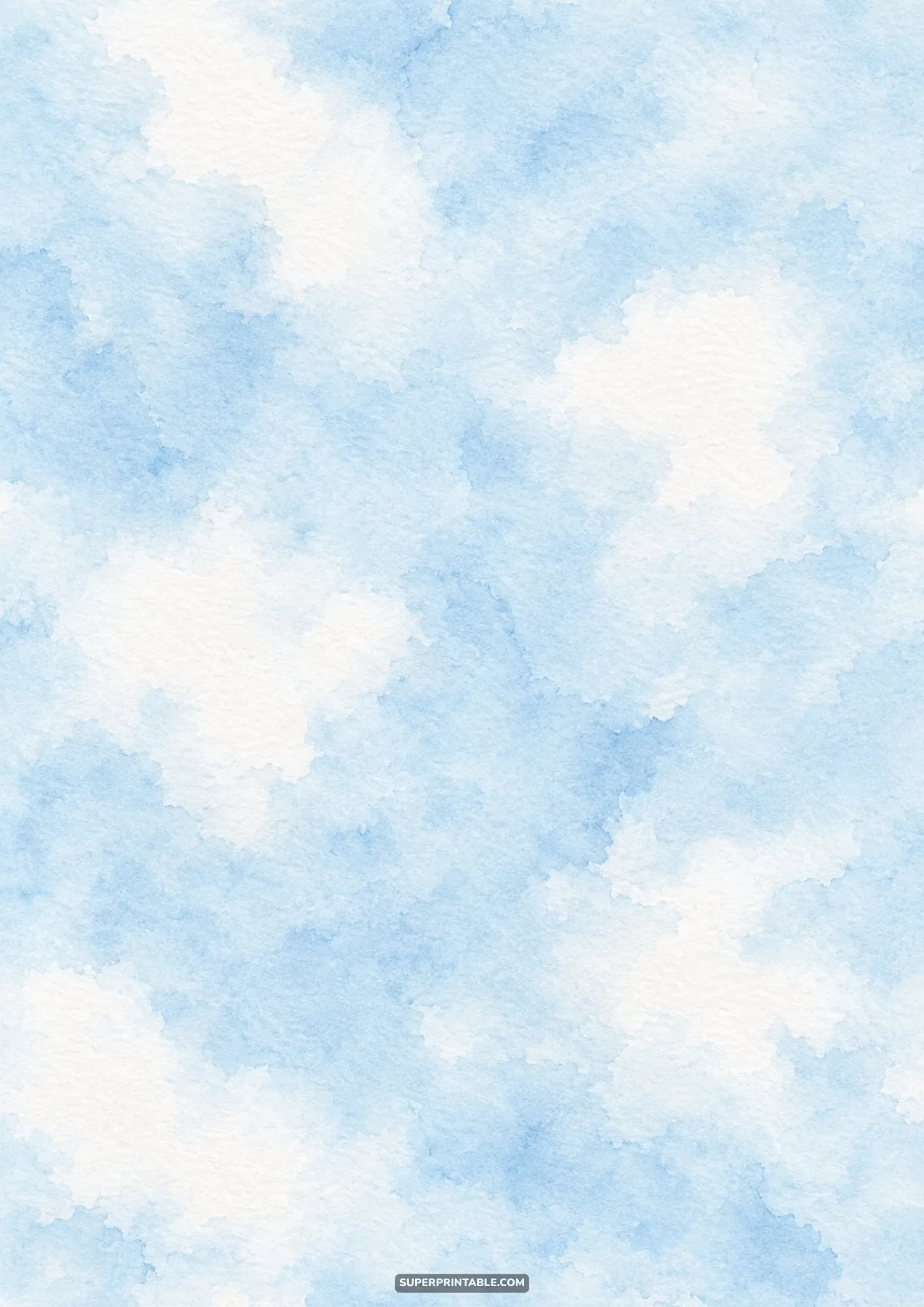 Billowy sky blue watercolor clouds with soft white blooming blossoms on art paper.