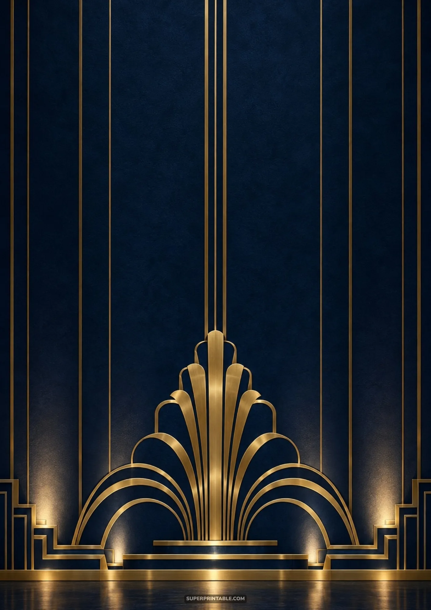 Brushed brass palmette motif rising above an illuminated stage against pinstriped navy paneling