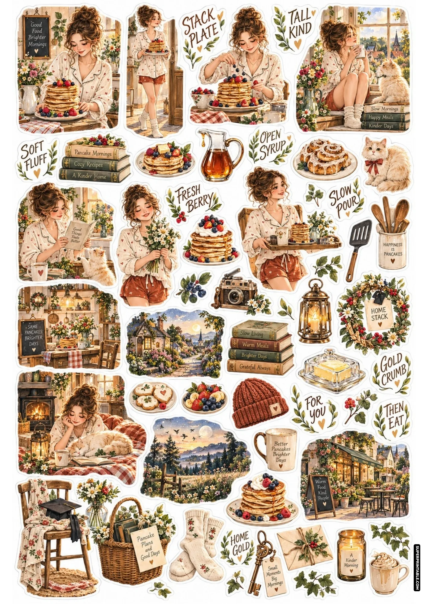 Pancake morning sticker sheets featuring tall pancake stacks, maple syrup pitchers, pajamas, and cozy breakfast scenes