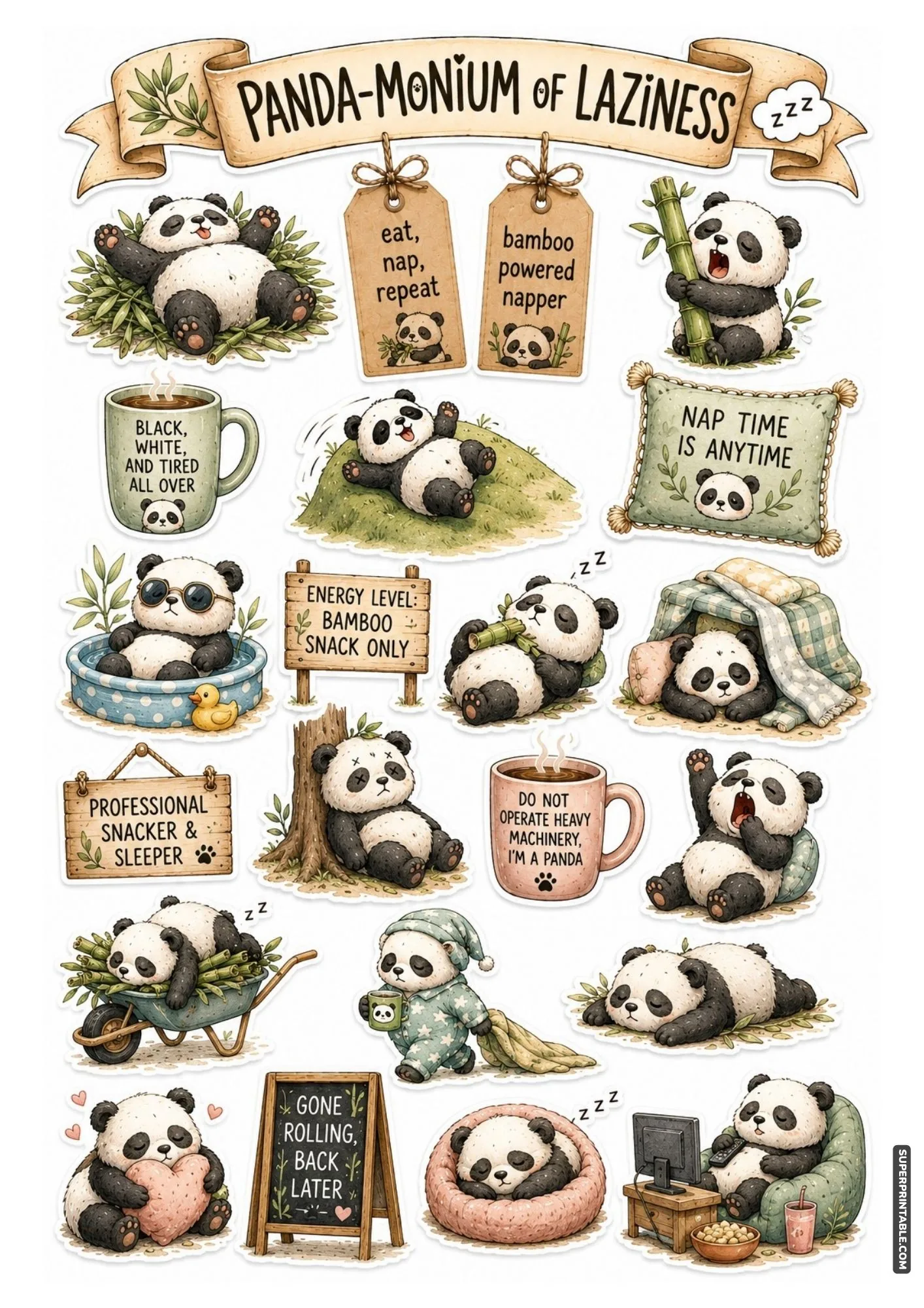 Playful giant panda sticker sheet showing sleepy pandas munching bamboo and resting in cozy spots.