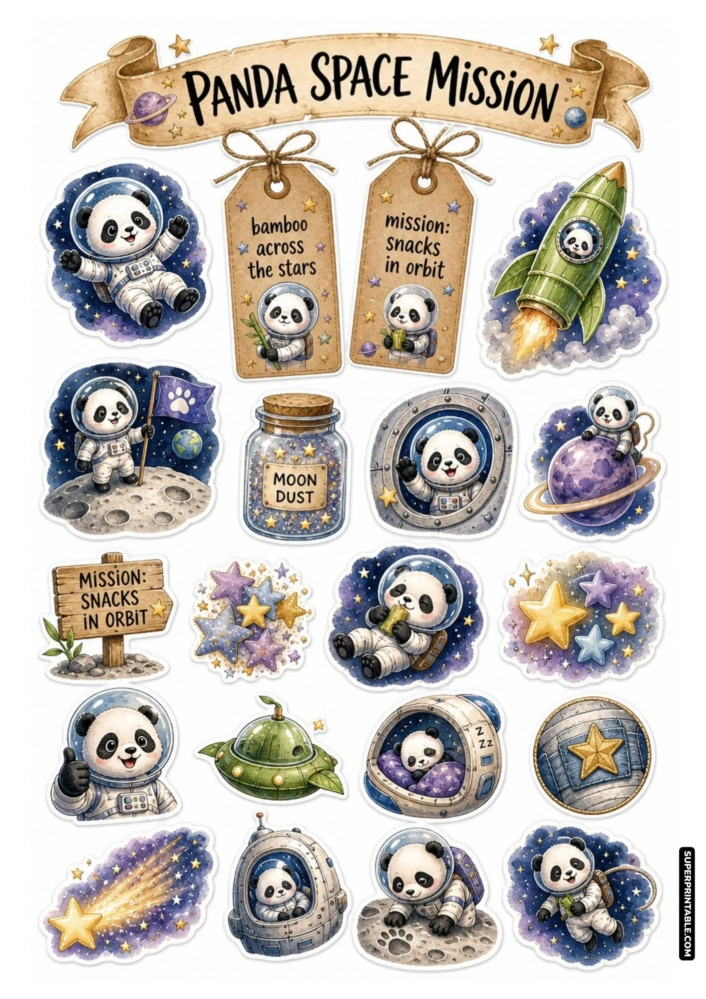 Panda space mission printable sticker sheet with panda astronauts and bamboo rockets.
