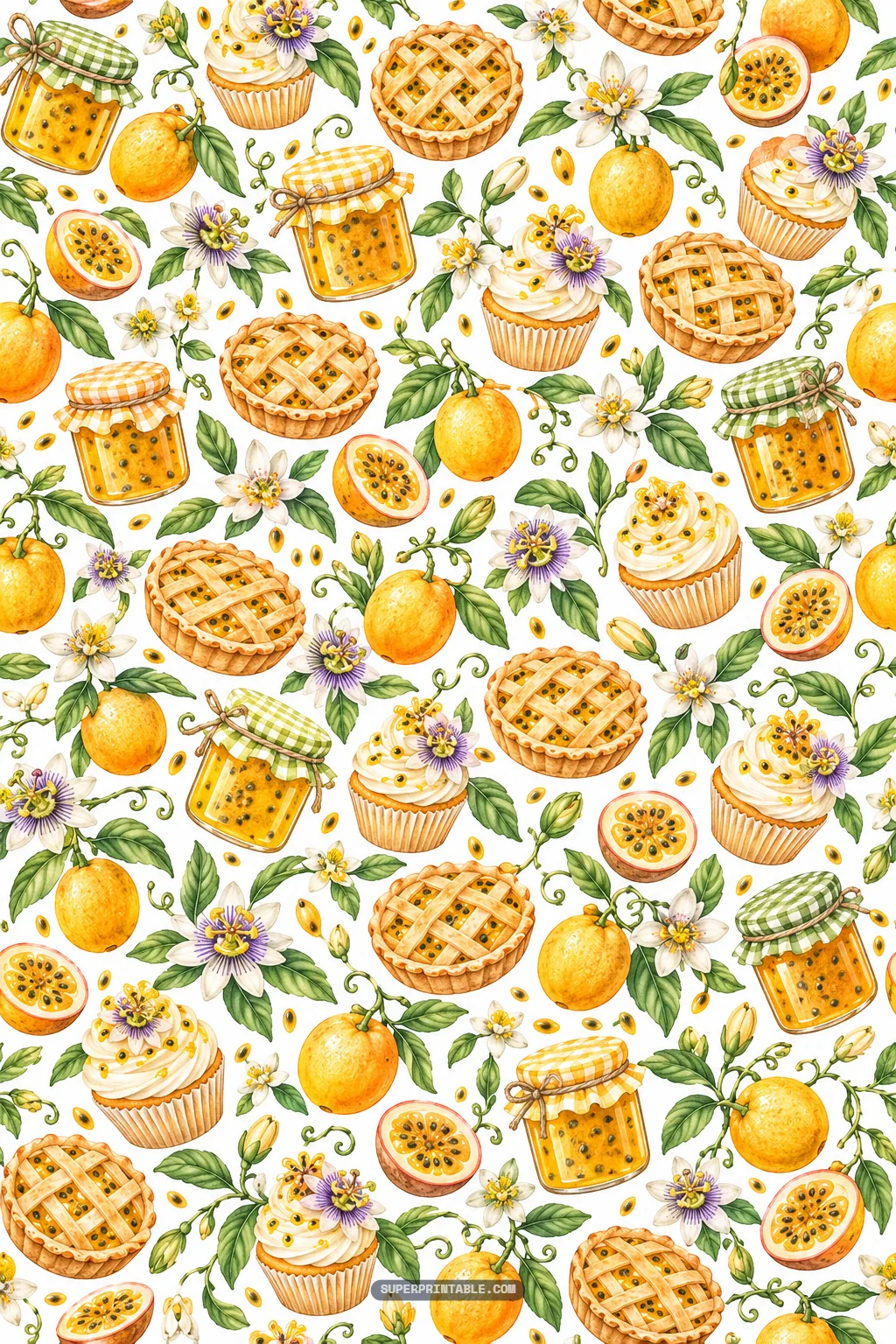 Passionfruit orchard digital papers displaying baked lattice tarts, frosted cupcakes, and homemade fruit jam jars.