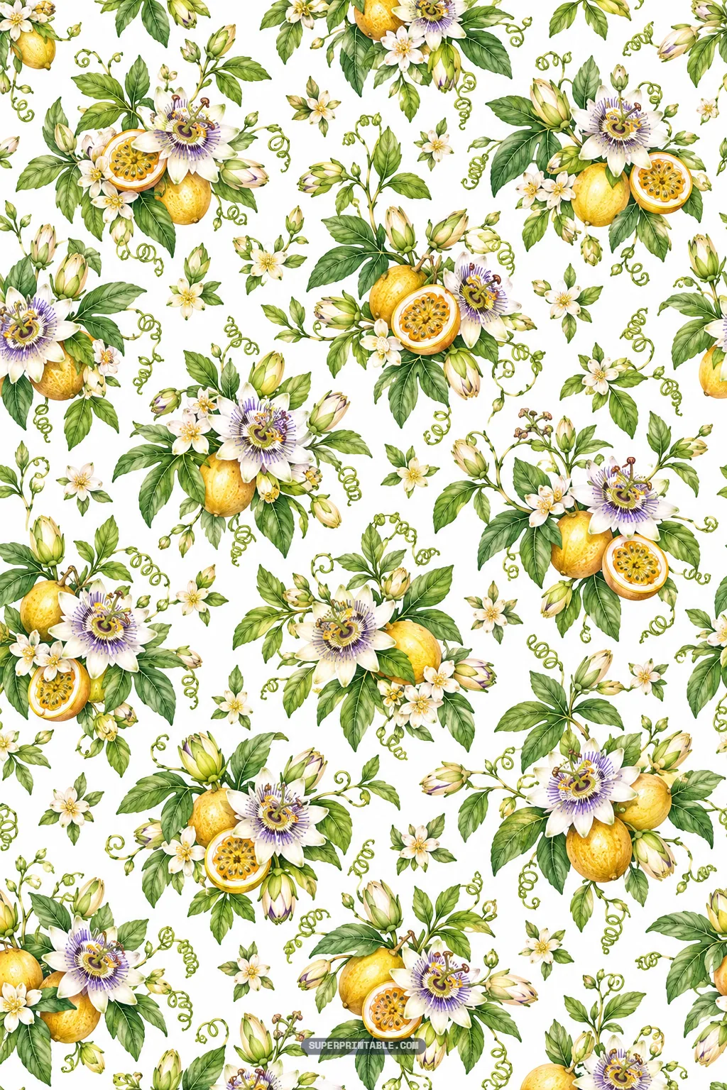 Elegant cluster bouquets of ripe yellow passionfruits, open passion flowers, and white blossom buds on white.