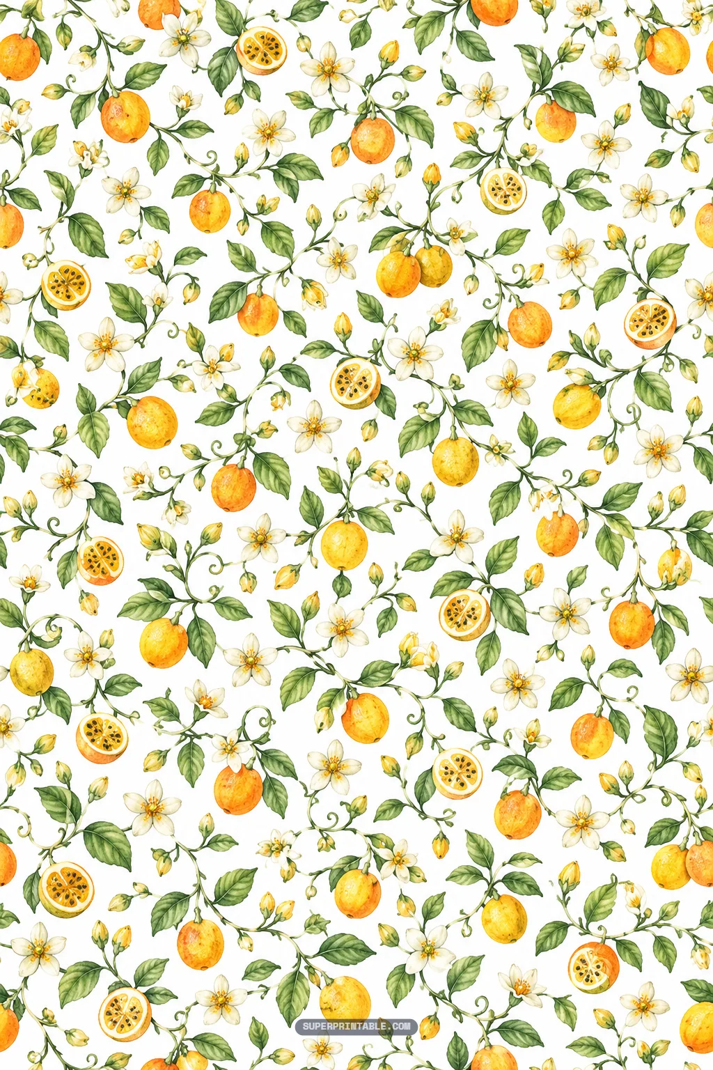 Delicate leafy branch pattern of yellow-orange passionfruits and starry white citrus-style orchard blossoms.