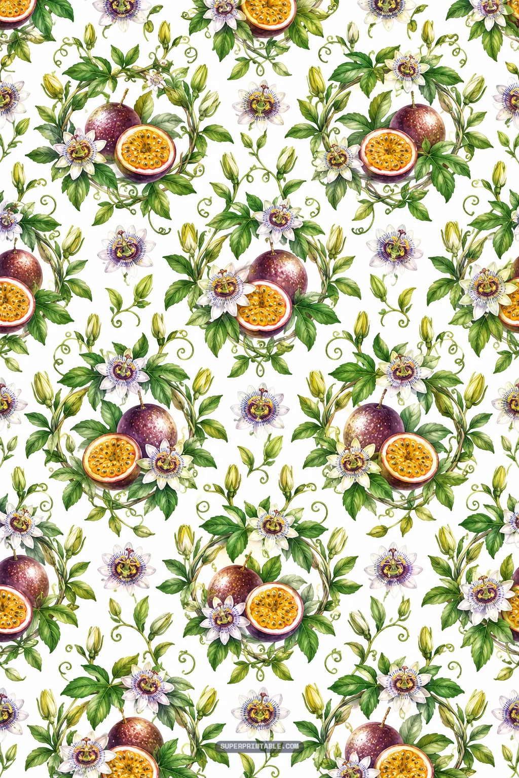 Passionfruit orchard digital papers featuring botanical wreath medallions framing purple and yellow passion fruits.