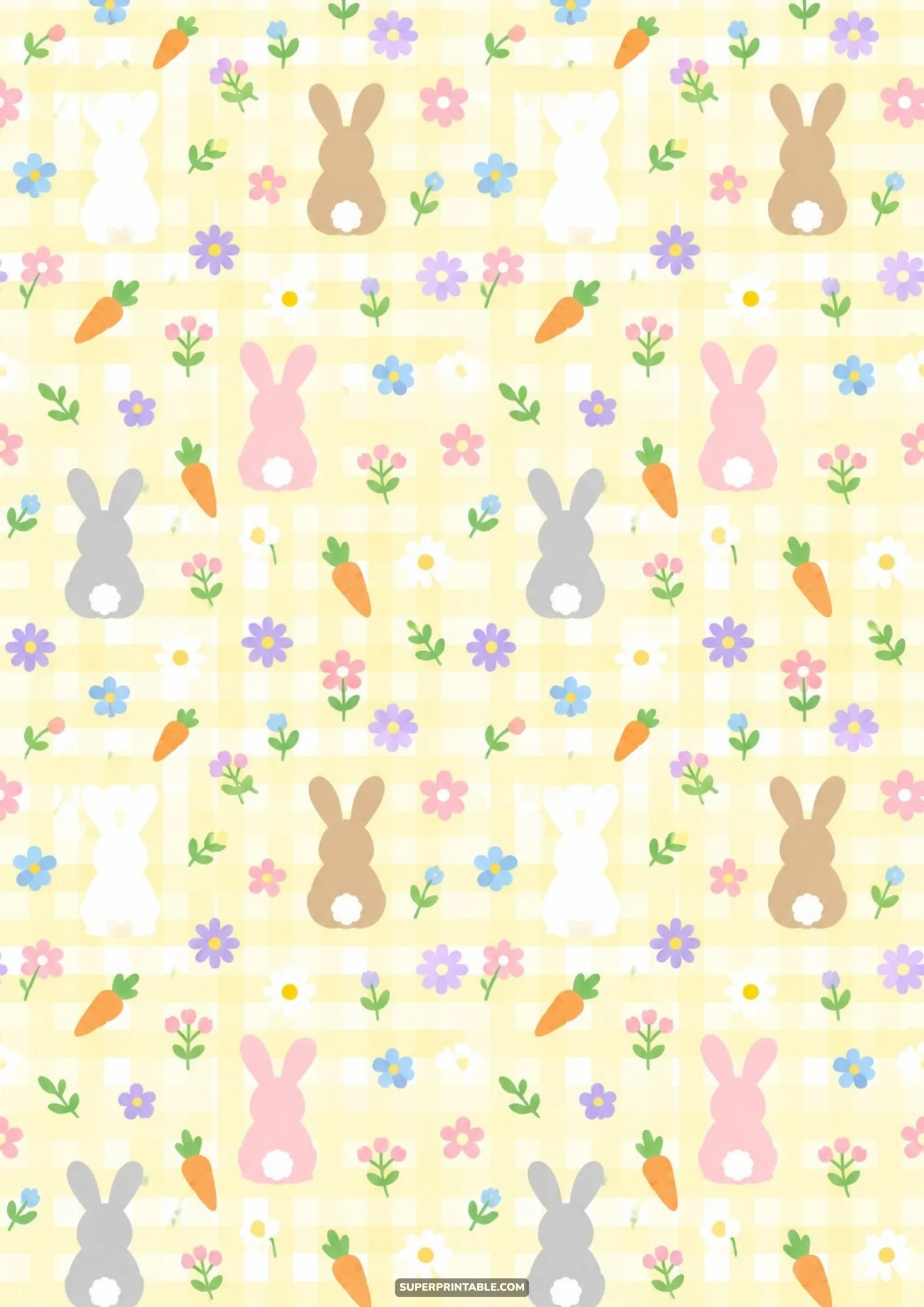 Cute pastel bunny silhouettes with carrots and flowers on yellow gingham background