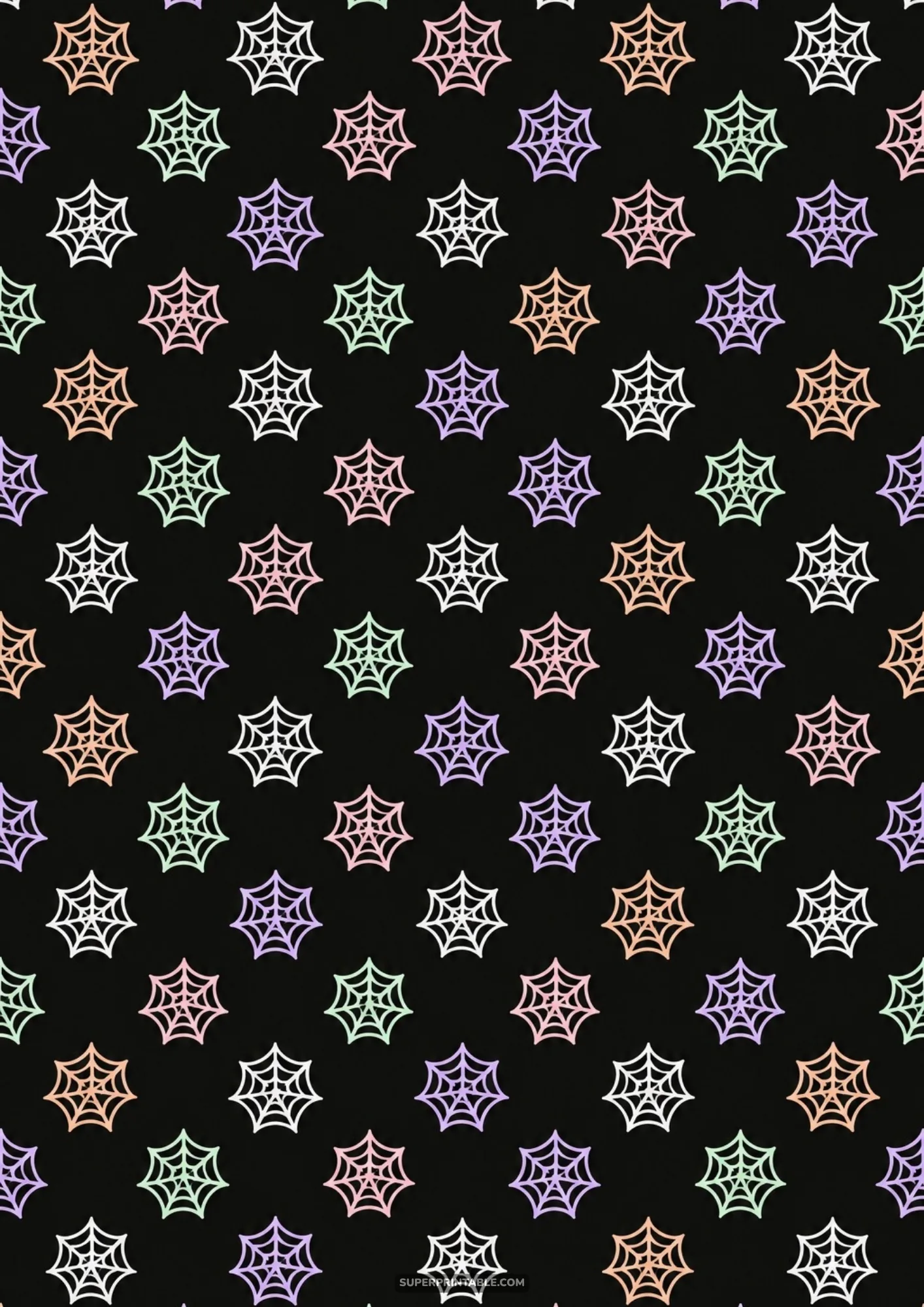 Repeating delicate spider webs in pastel pink, mint green, peach, and lavender on solid black background.