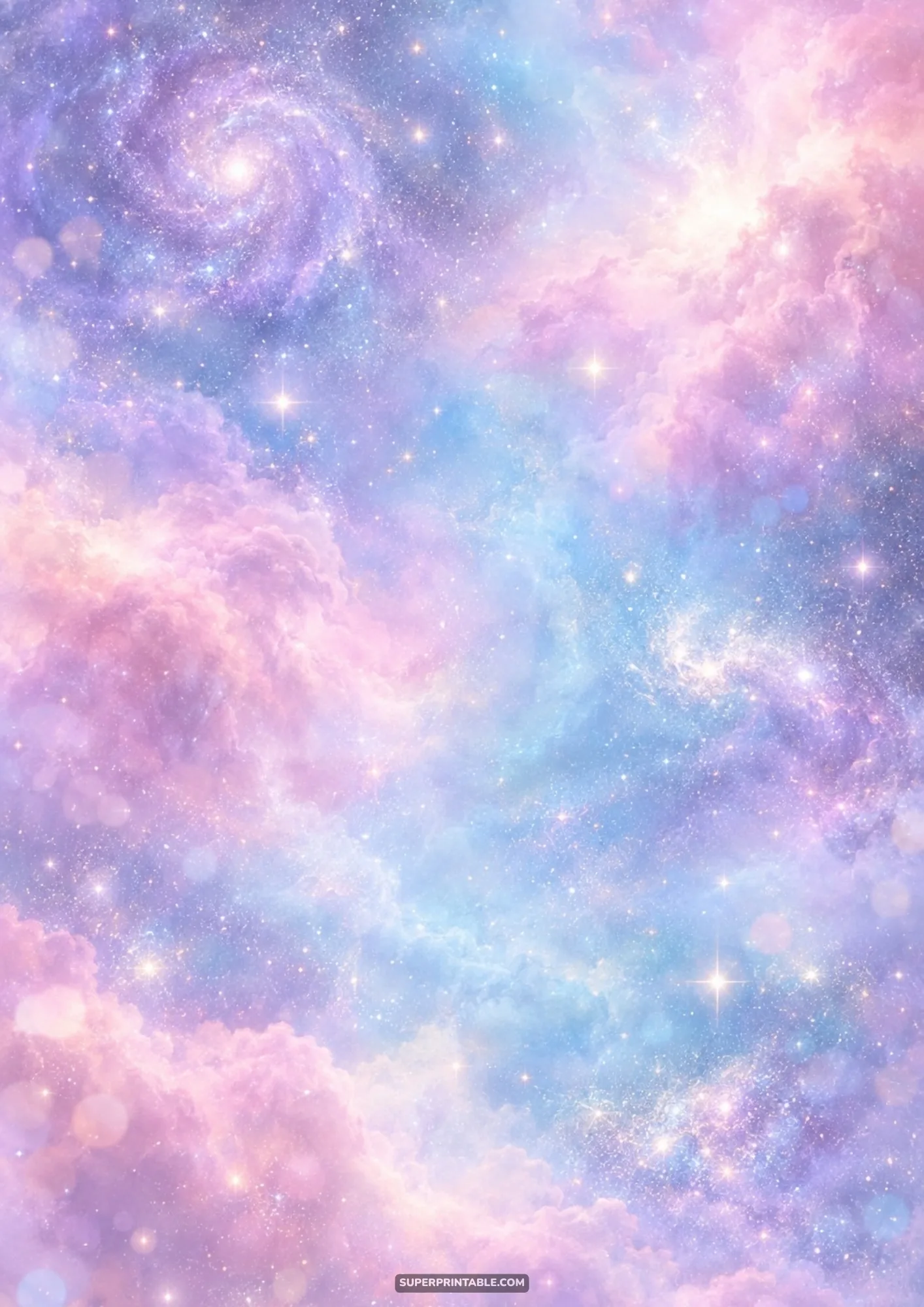 Dreamy pastel nebula background filled with soft pink and lilac cosmic clouds and sparkling starlight