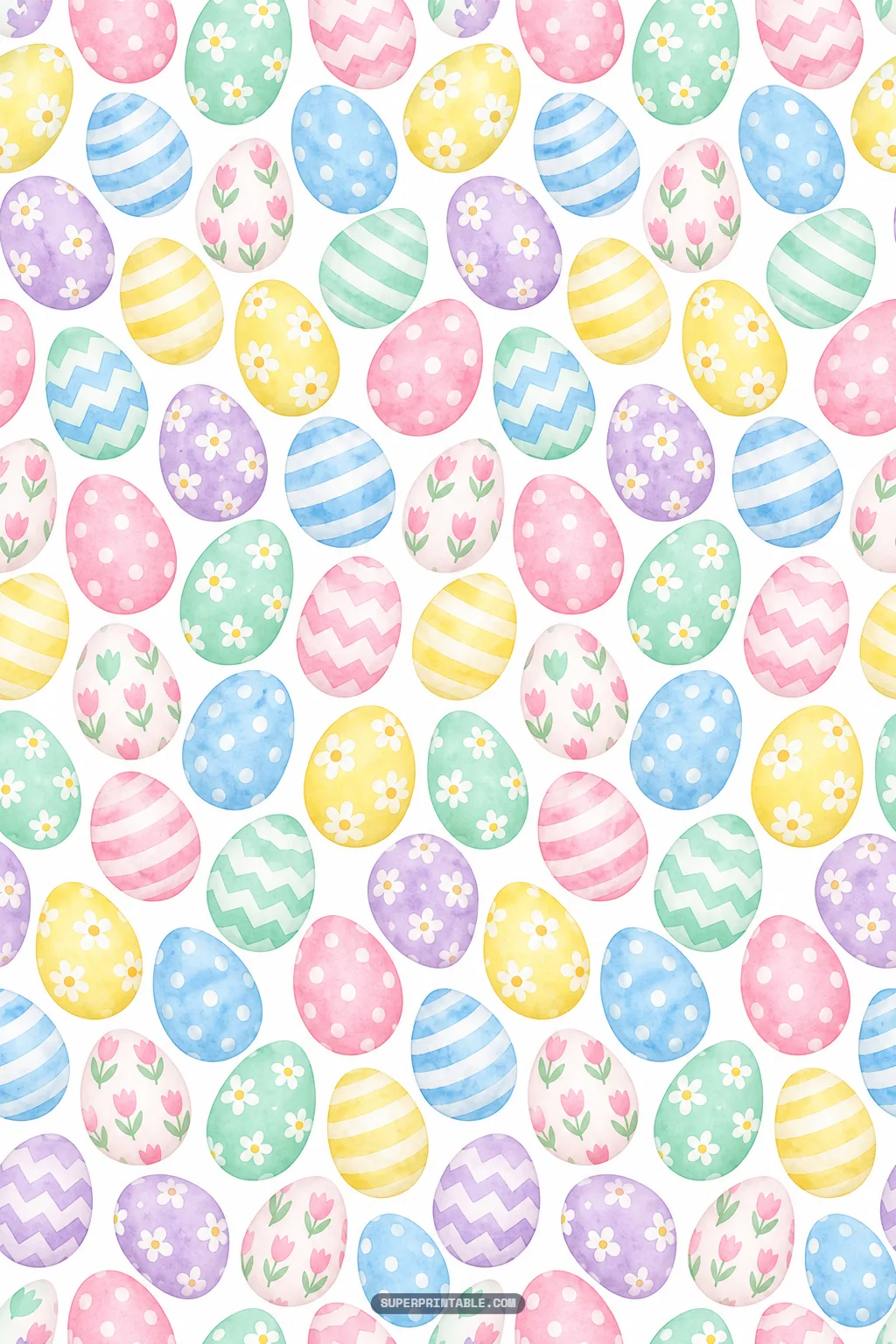 Colorful watercolor Easter eggs with stripes polka dots and floral patterns scattered across a white background