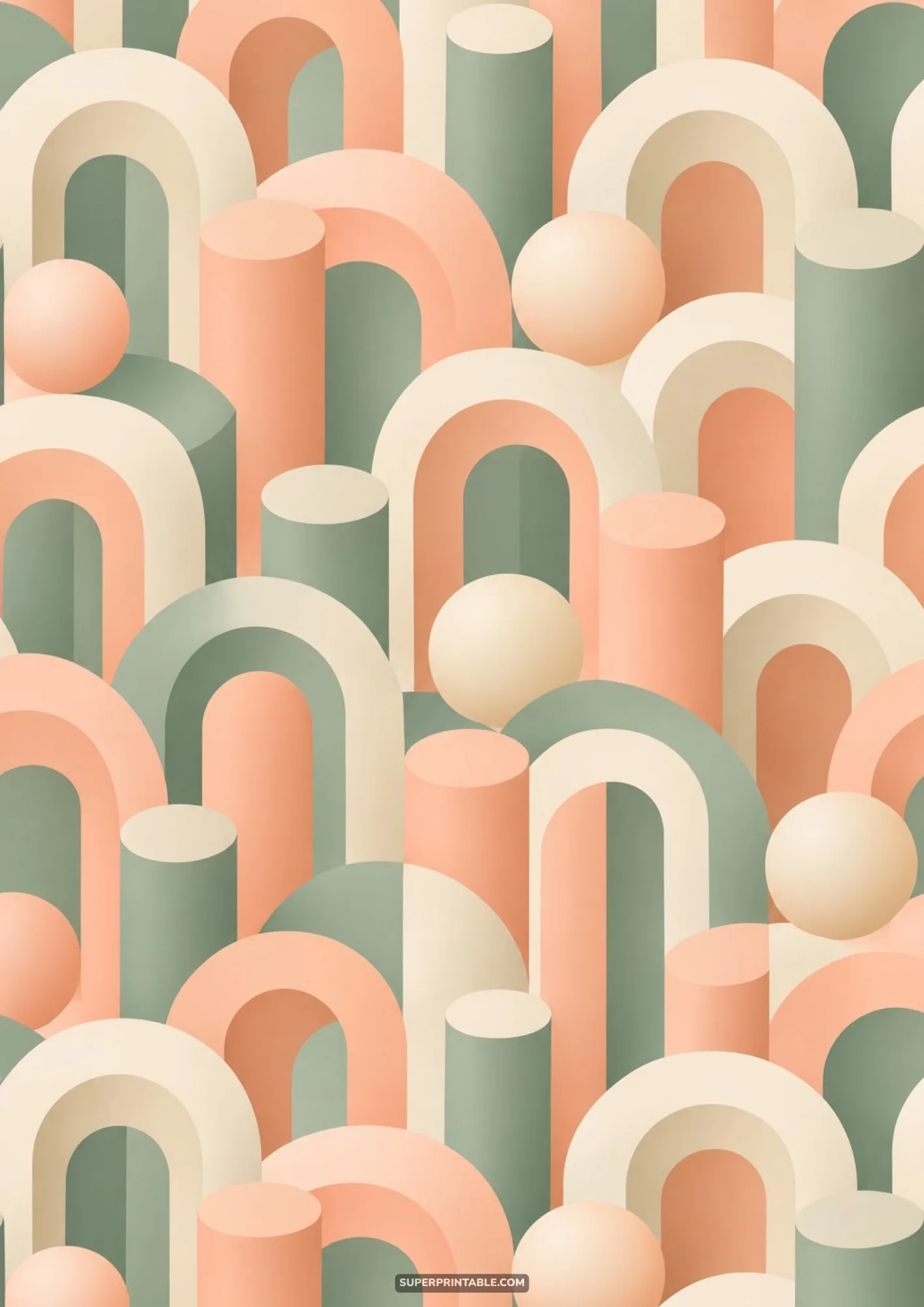 Seamless geometric 3D pattern showcasing modern pastel peach and sage green arches, pillars, and floating spheres