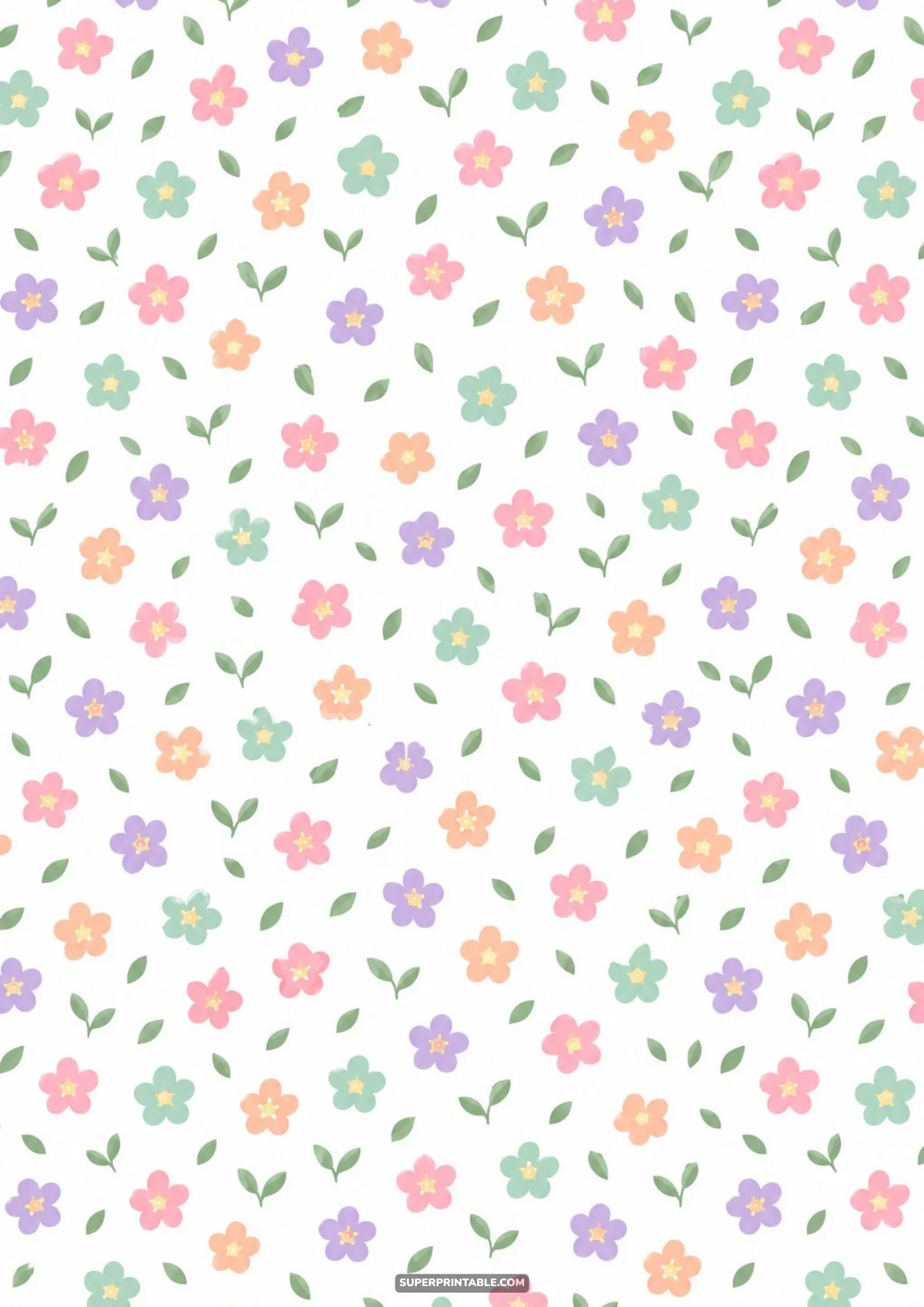 Dainty pastel meadow wildflowers and tender green leaves scatter over white paper.
