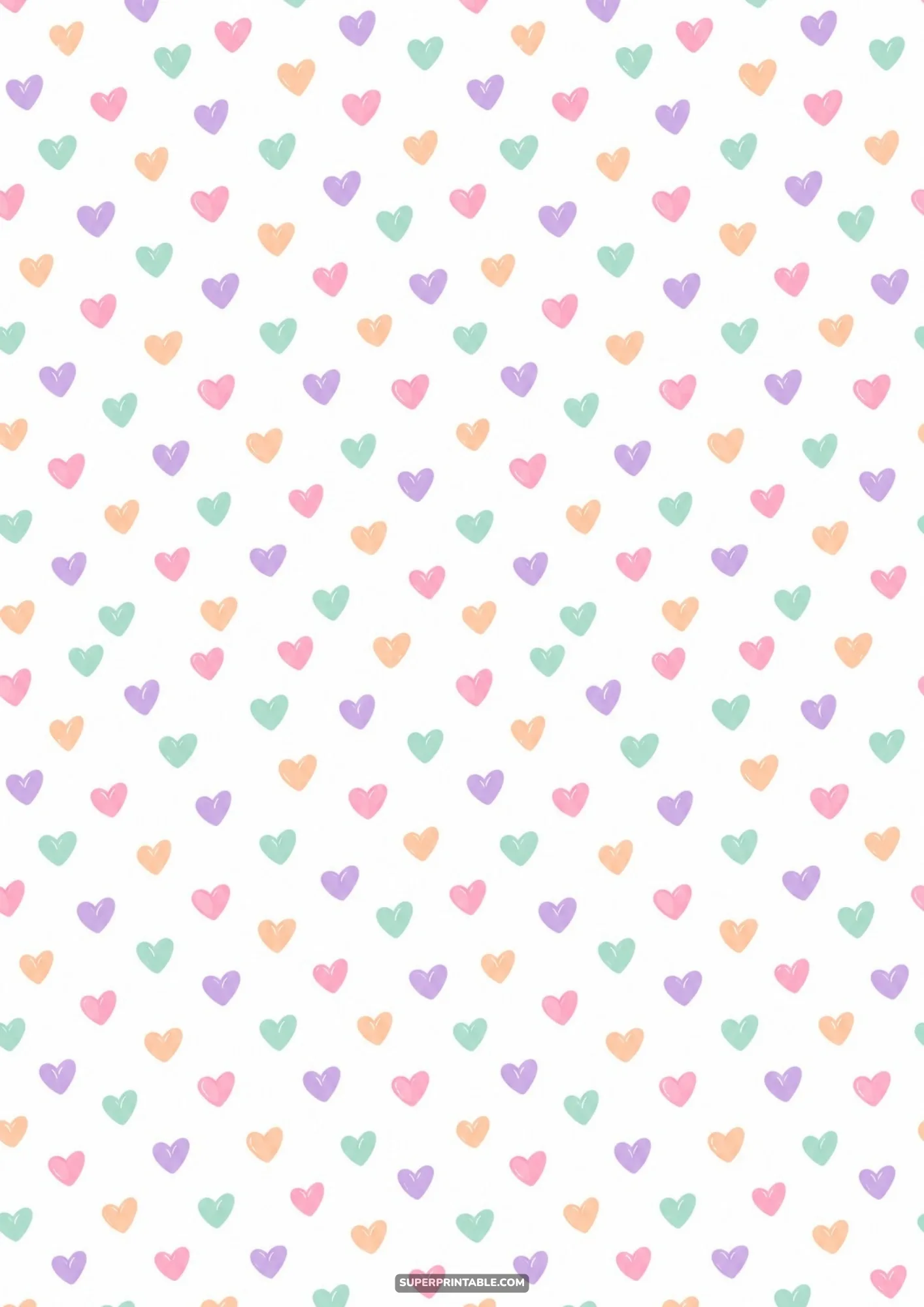 Multicolor pastel mini hearts dance at playful angles across bright white craft paper.