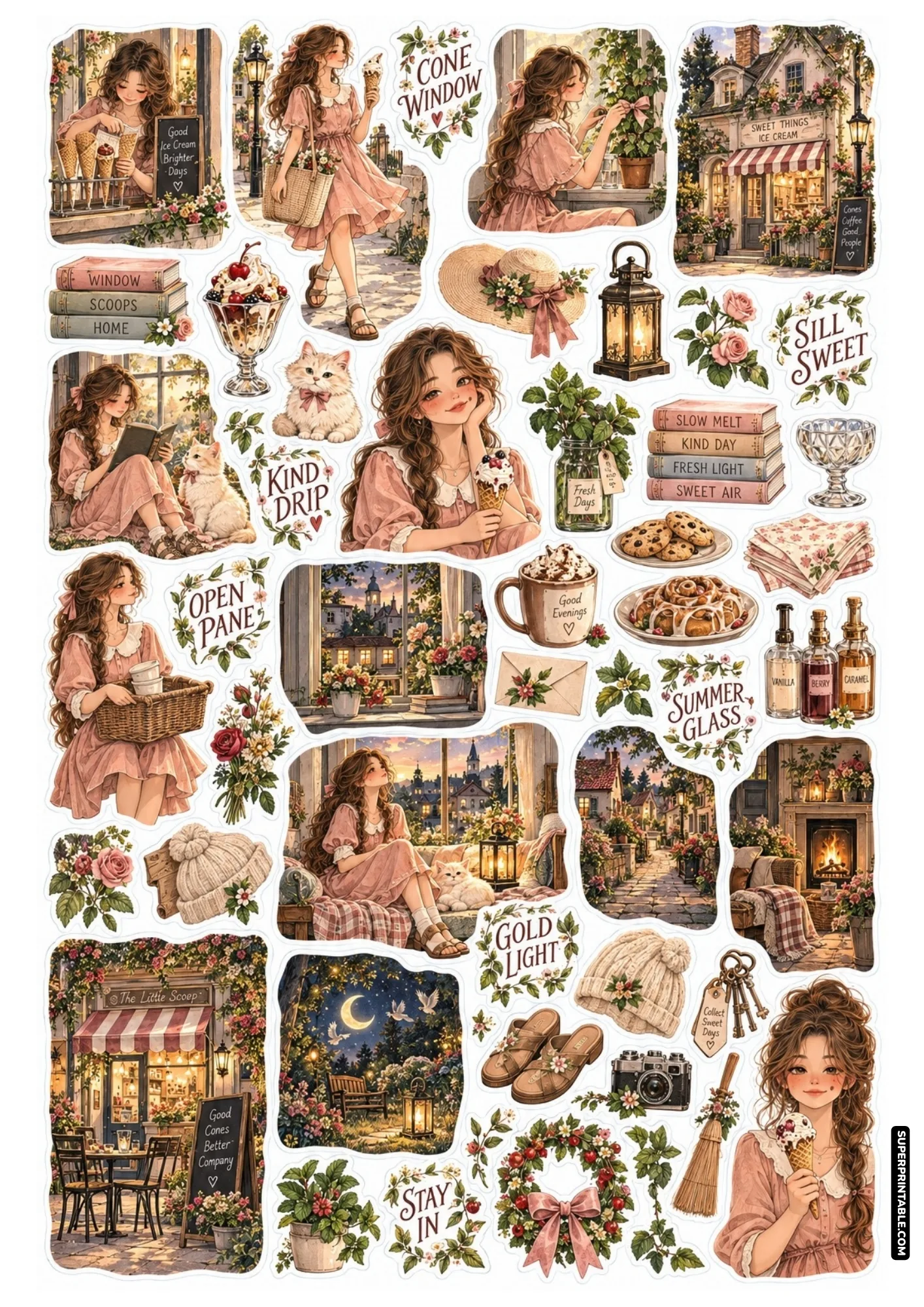 Charming bakery window stickers with strawberry cones, floral bouquets, vintage cafes, and sunlit nooks.
